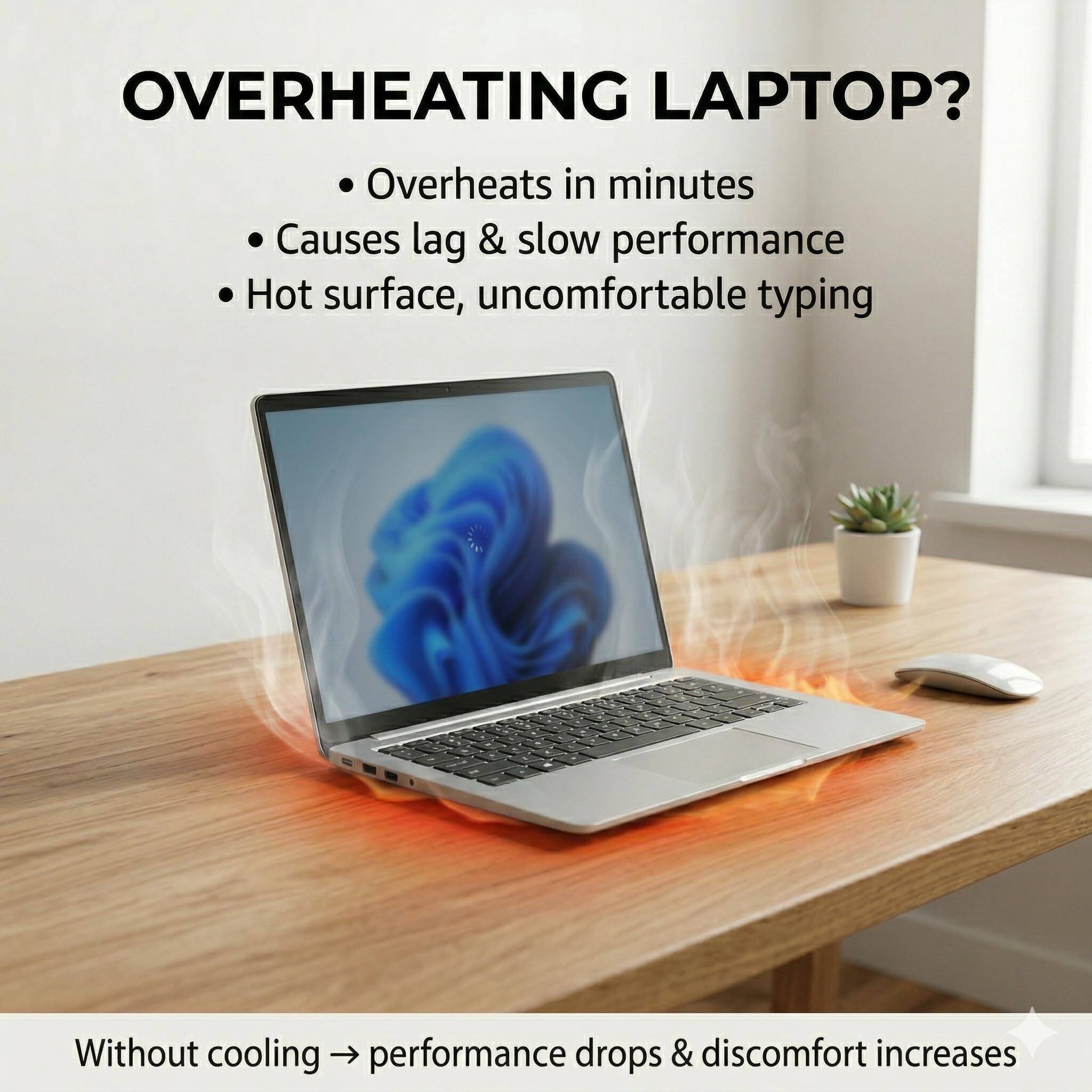 OVERHEATING LAPTOP?

- Overheats in minutes
- Causes lag & slow performance
- Hot surface, uncomfortable typing

Without cooling → performance drops & discomfort increases