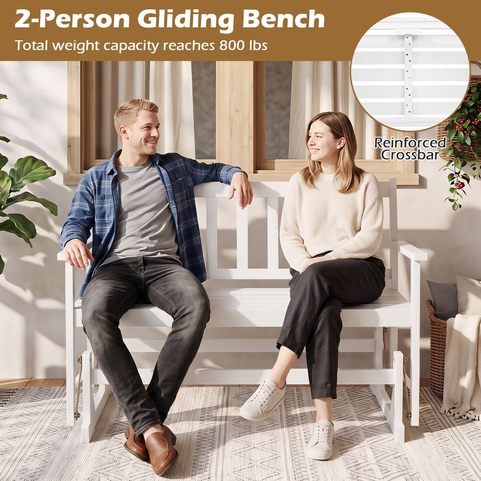 2-Person Gliding Bench  
Total weight capacity reaches 800 lbs  
Reinforced Crossbar
