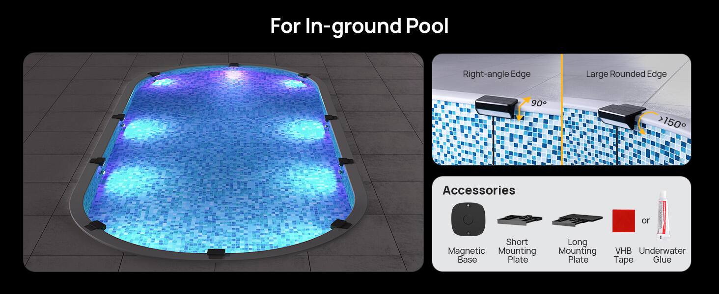 For In-ground Pool

Right-angle Edge
Large Rounded Edge

Accessories
- Short Magnetic Mounting Base
- Long Mounting Plate
- VHB Underwater Tape
- Glue