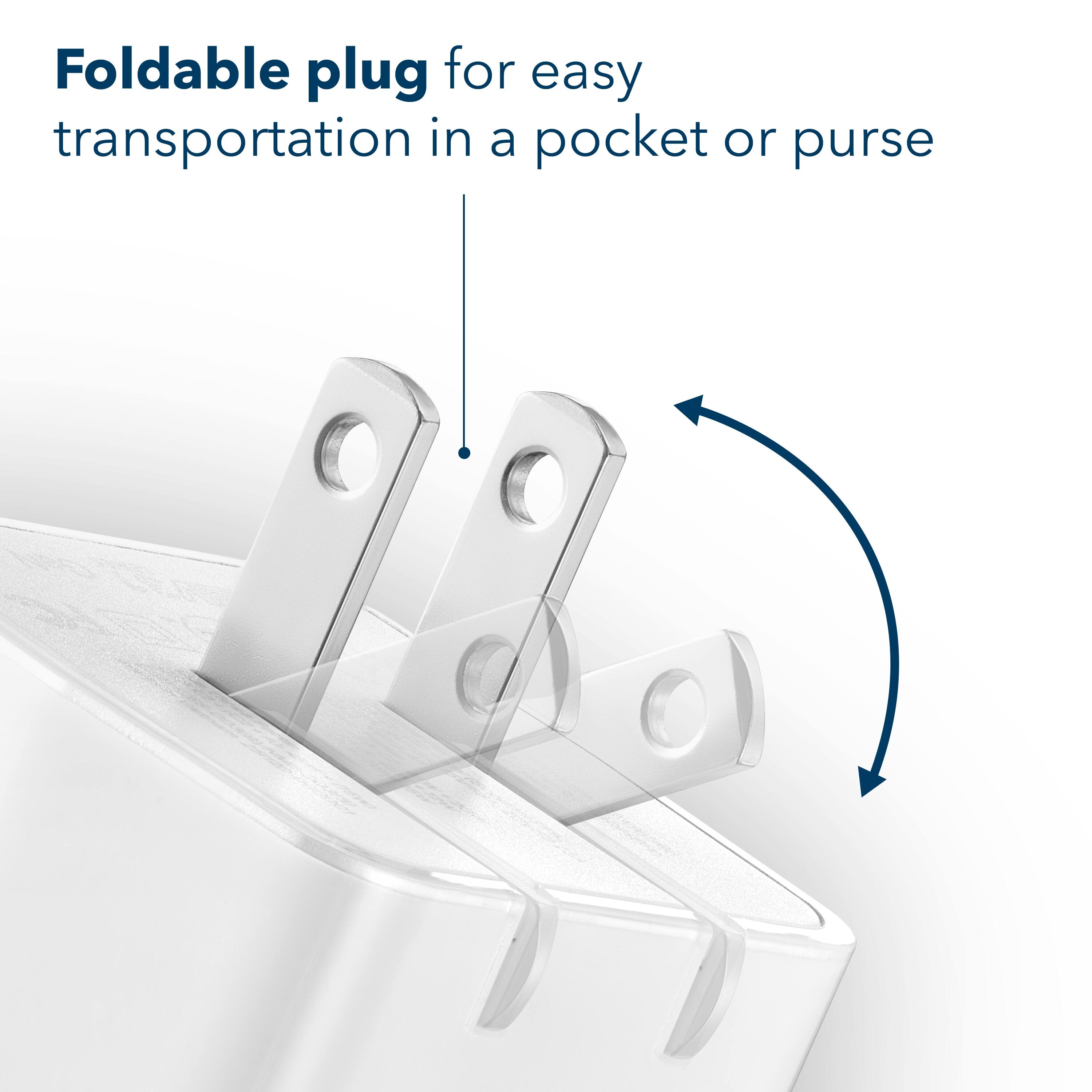 Foldable plug for easy transportation in a pocket or purse