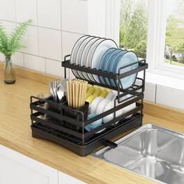 Adivo - 2 tier Dish Drainer Kitchen Counter Dish Rack with Cutlery Holder, Drip Tray-49CM - Black