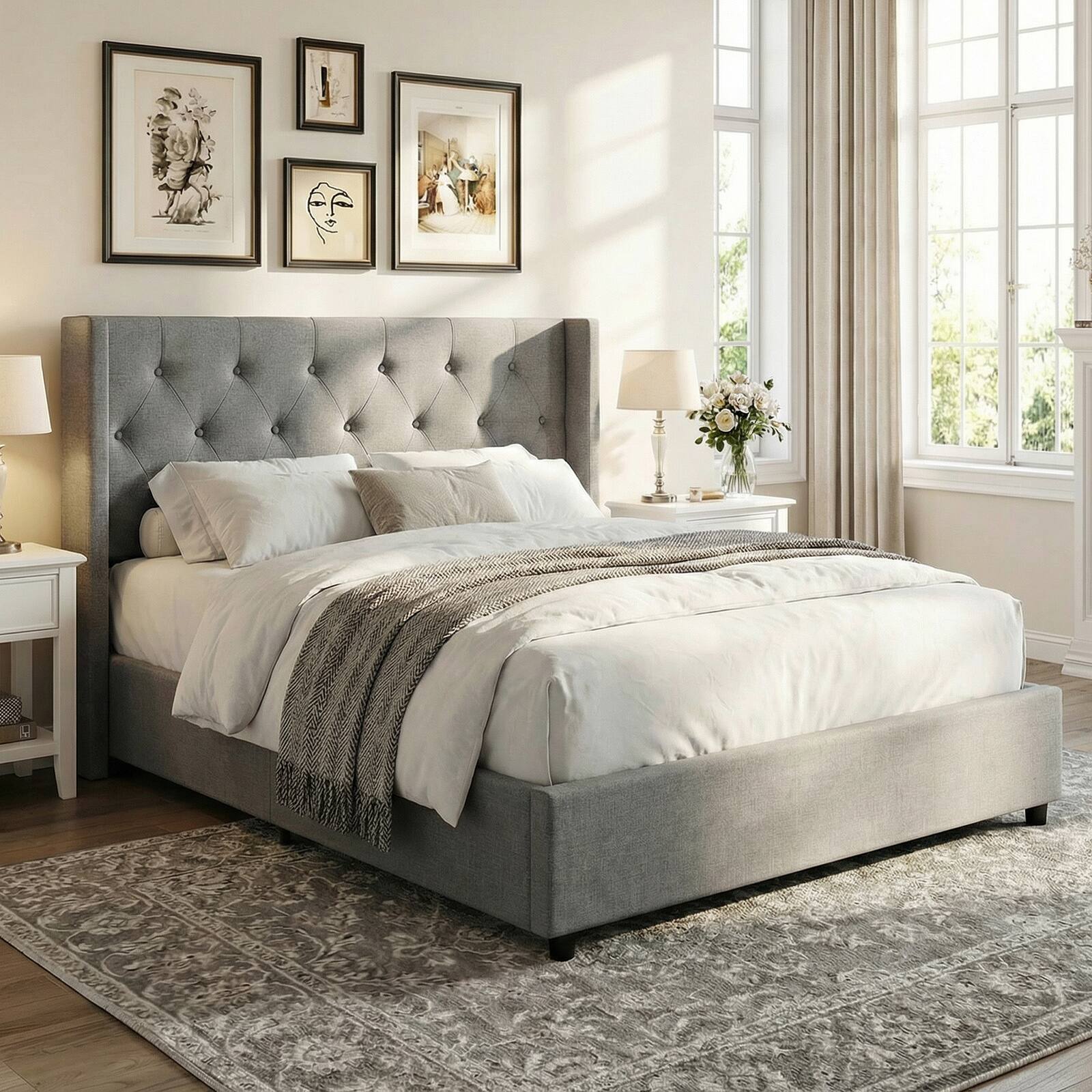 Alt View 1. Gymax - Gymax Queen Size Lift-up Storage Bed w/Tufted Wingback Headboard Hydraulic Lifts Grey - Gray.