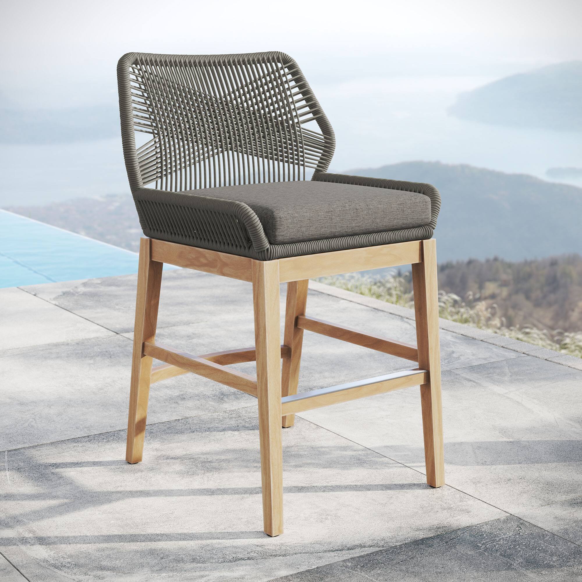 Wellspring Outdoor Patio Teak and Rope Counter Stool by Modway - Gray Graphite