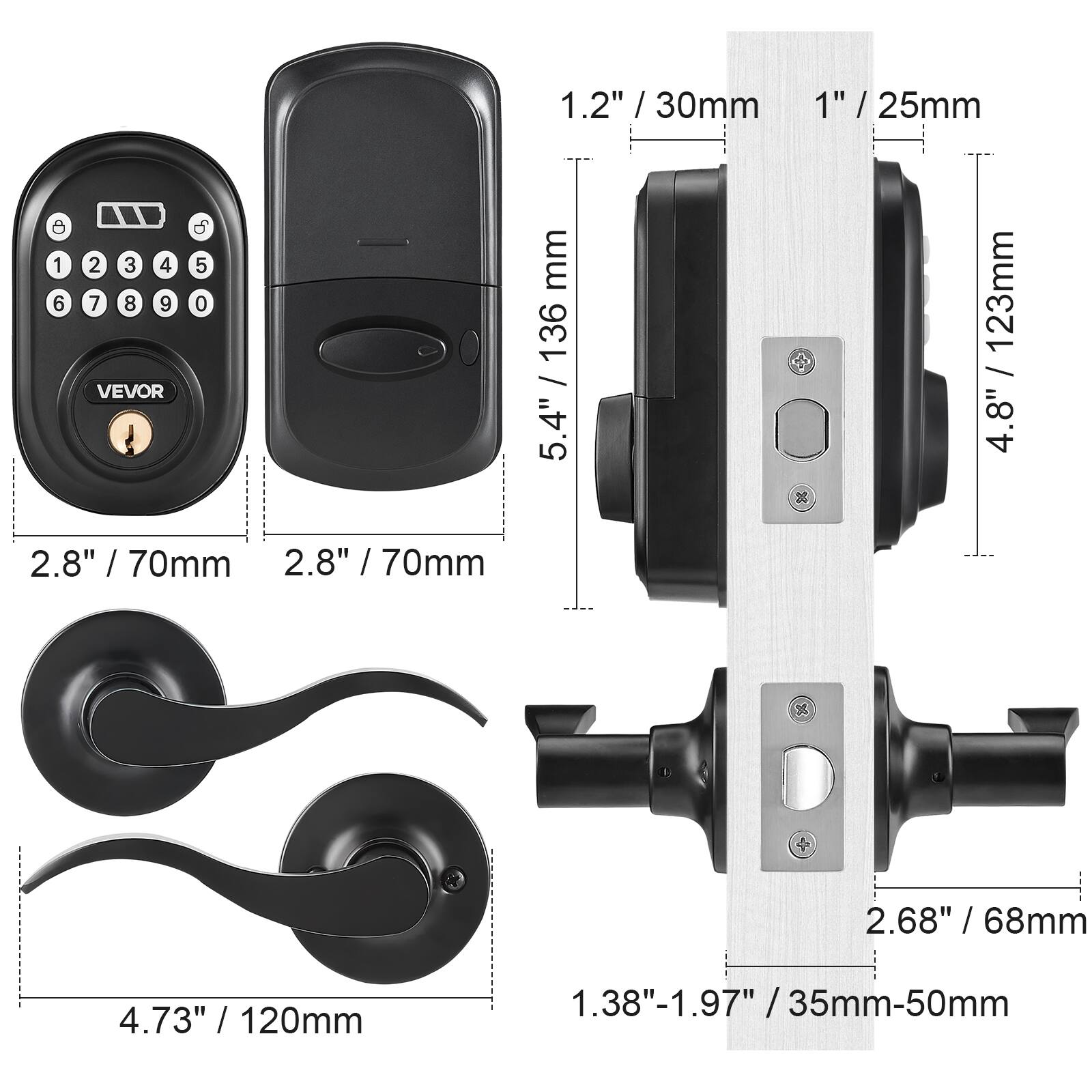 - VEVO 2.8" / 70mm
- 1.2" / 30mm
- 1" / 25mm
- 4.8" / 123mm
- 5.4" / 136mm
- 4.73" / 120mm
- 1.38"-1.97" / 35mm-50mm
- 2.68" / 68mm