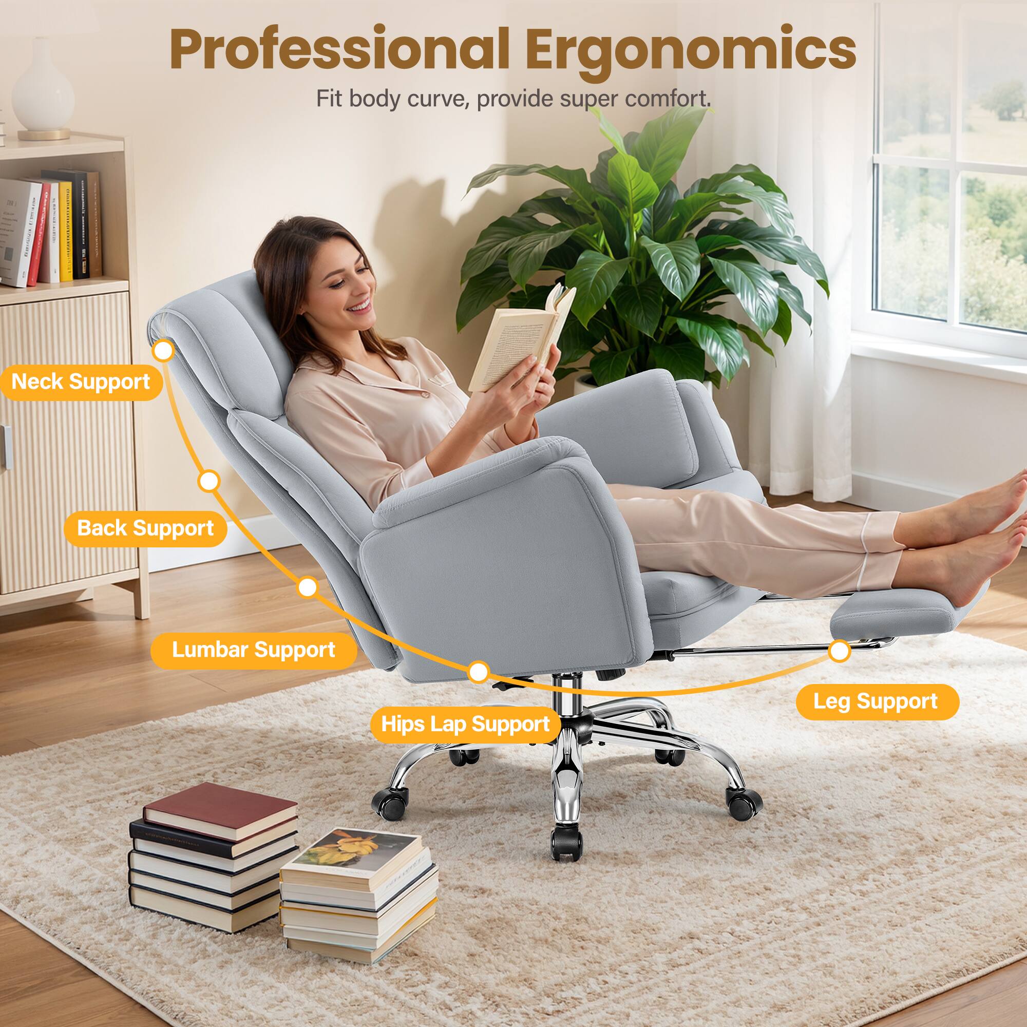 Professional Ergonomics  
Fit body curve, provide super comfort.  

- Neck Support  
- Back Support  
- Lumbar Support  
- Hips Lap Support  
- Leg Support