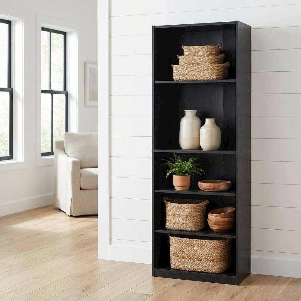 Angle. FurniFact - Black 5-Shelf Bookcase with Sturdy Storage and Open Shelving Design - Blackwood.