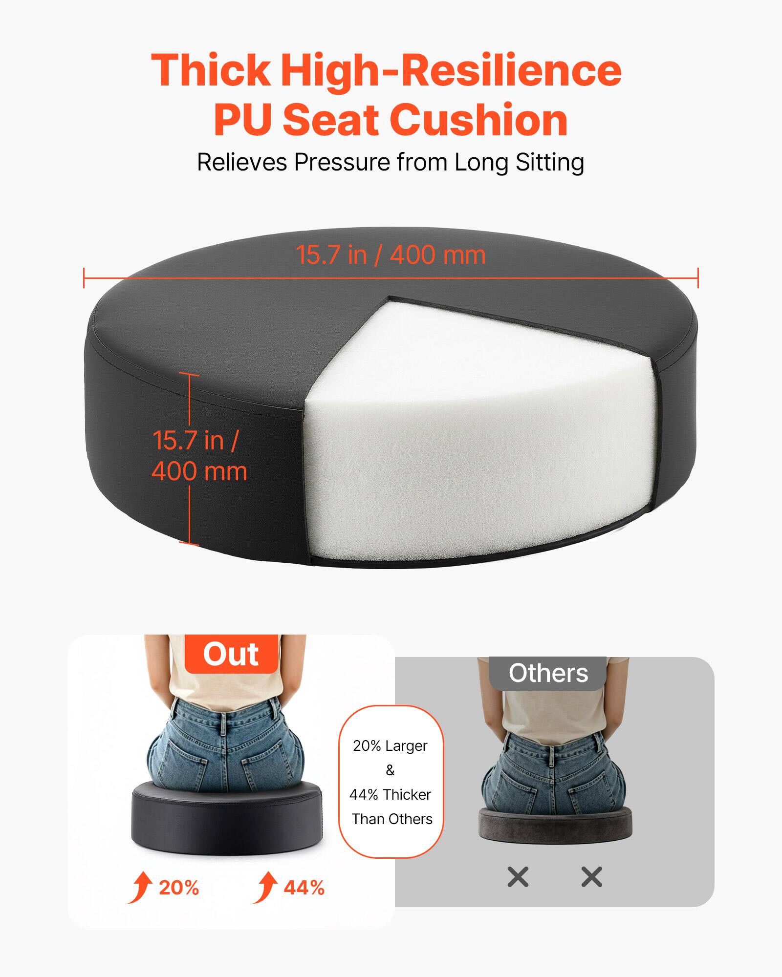 Thick High-Resilience PU Seat Cushion Relieves Pressure from Long Sitting

15.7 in / 400 mm

20% Larger & 44% Thicker Than Others