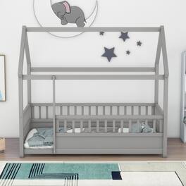 GOODSILO - Twin Size Floor Bed with Playhouse Roof Design and Safety Guardrails for Children's Bedroom - Gray