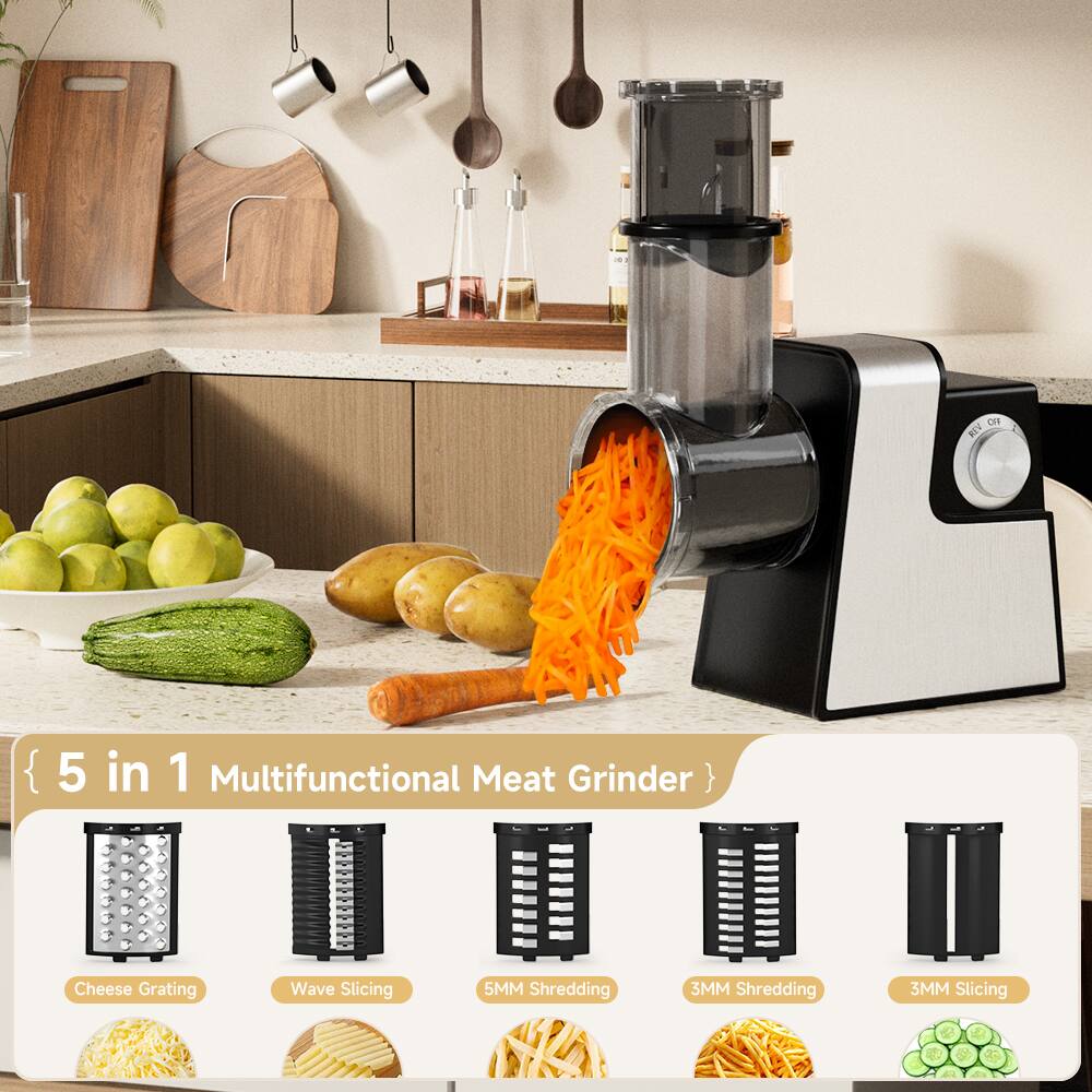 5 in 1 Multifunctional Meat Grinder  
- Cheese Grating  
- Wave Slicing  
- 5MM Shredding  
- 3MM Shredding  
- 3MM Slicing