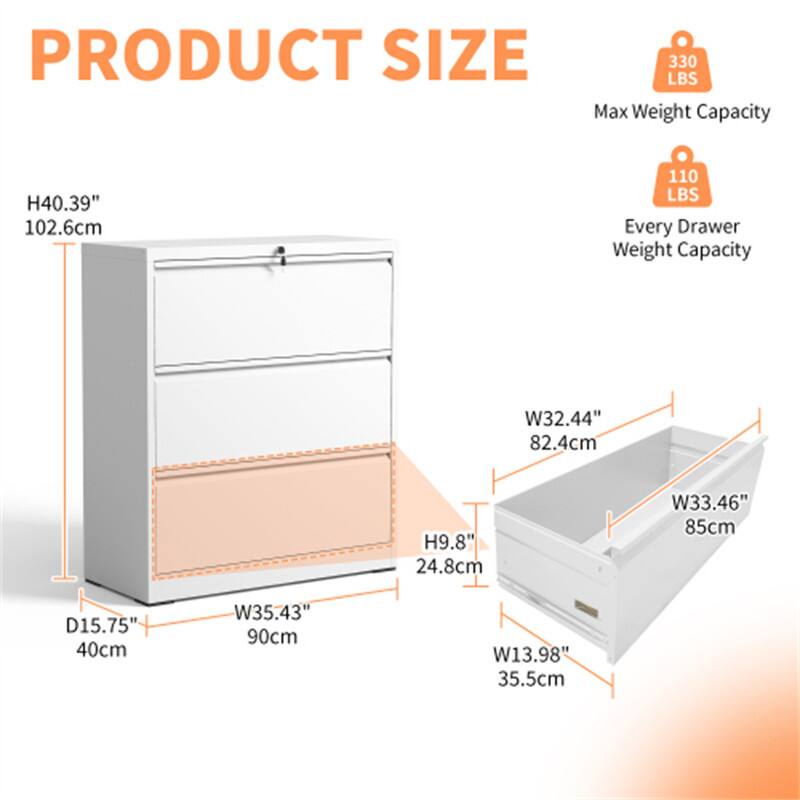 PRODUCT SIZE  
Max Weight Capacity: 330 LBS  
Every Drawer Weight Capacity: 110 LBS  

H40.39" 102.6cm  
W35.43" 90cm  
D15.75" 40cm  

Drawer Dimensions:  
W32.44" 82.4cm  
H9.8" 24.8cm  
W33.46" 85cm  
W13.98" 35.5cm