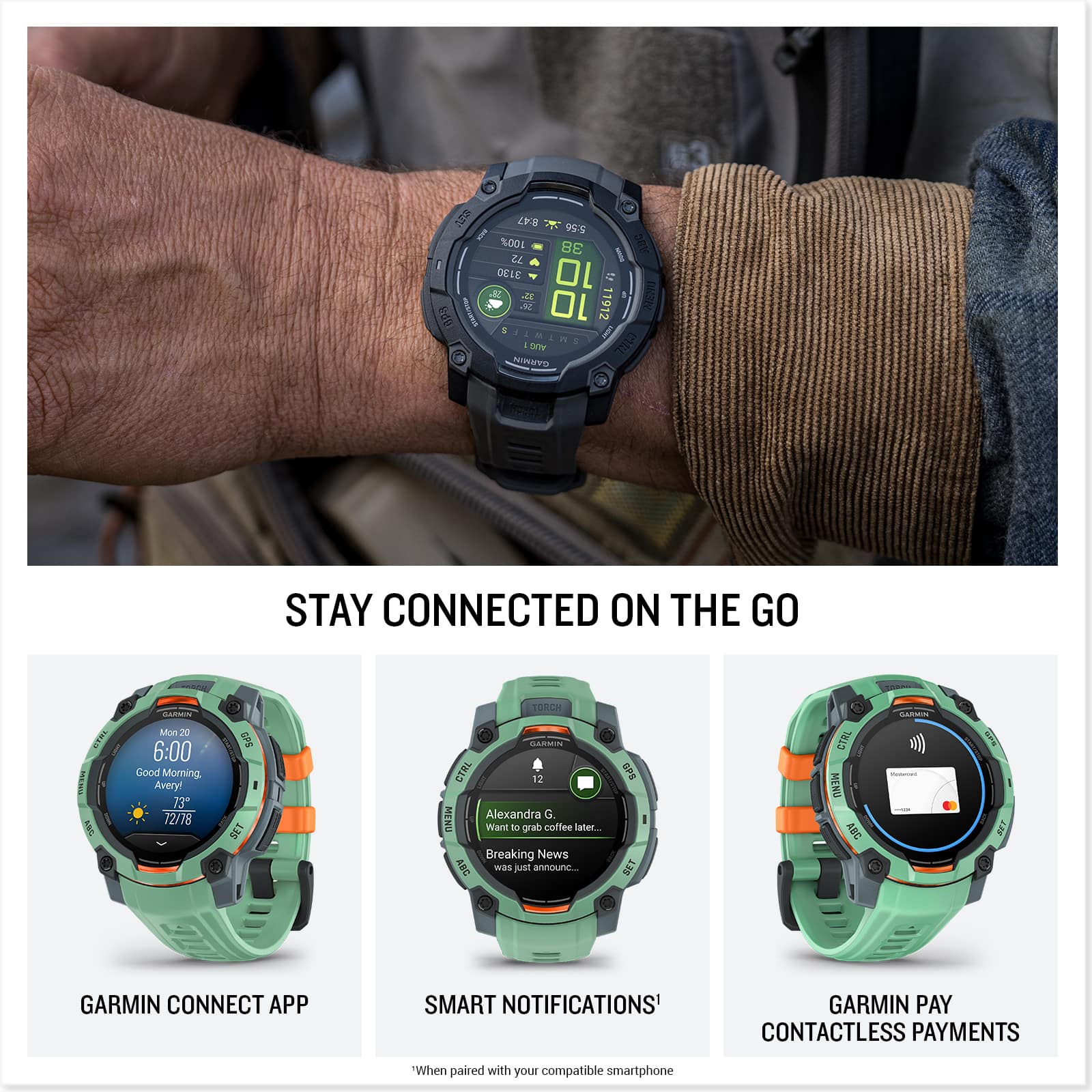 Stay Connected on the Go
Garmin Connect App
Smart Notifications
Garmin Pay
Contactless Payments
When paired with your compatible smartphone