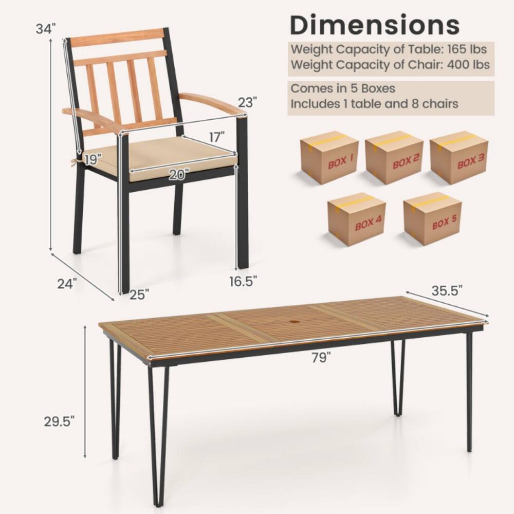 Dimensions  
Weight Capacity of Table: 165 lbs  
Weight Capacity of Chair: 400 lbs  
Comes in 5 Boxes  
Includes 1 table and 8 chairs  

Chair:  
- Height: 34"  
- Width: 23"  
- Depth: 20"  
- Seat Height: 19"  
- Seat Depth: 17"  
- Armrest Height: 25"  
- Armrest Width: 24"  

Table:  
- Length: 79"  
- Width: 35.5"  
- Height: 29.5"  
- Leg Width: 16.5"
