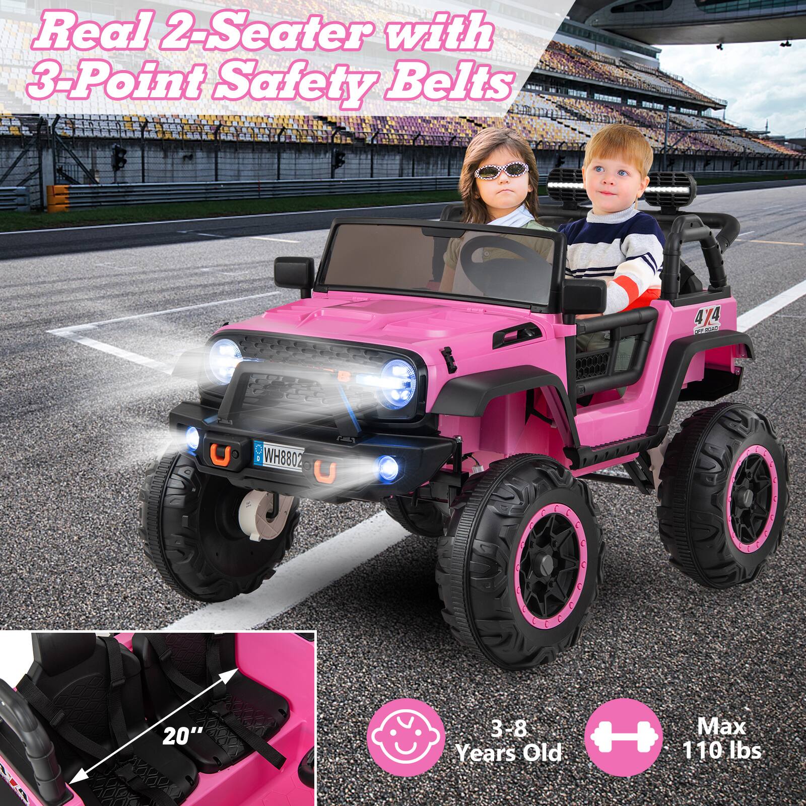 Real 2-Seater with 3-Point Safety Belts

4x4

WH8802

20"

3-8 Years Old

Max 110 lbs