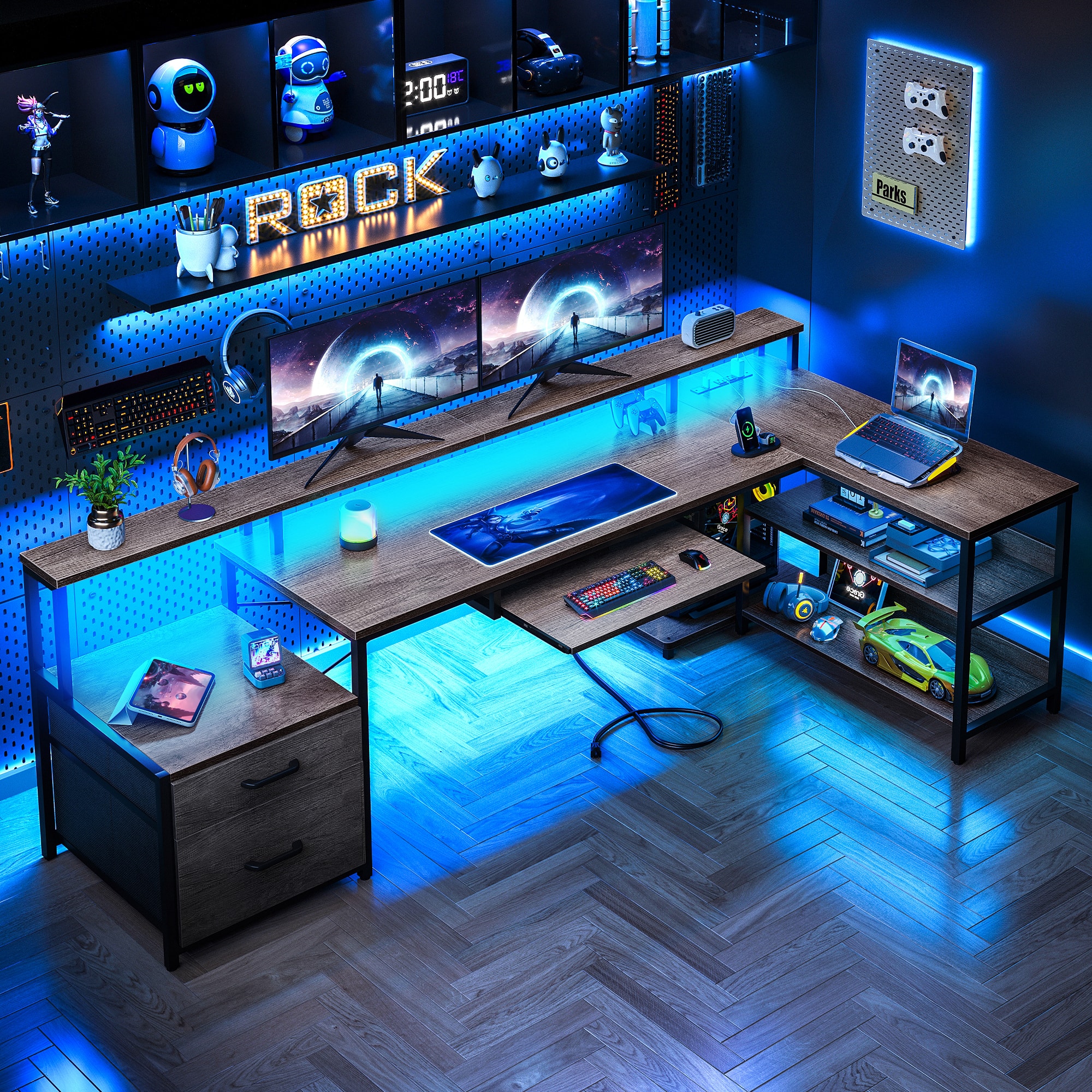 AODK - L-Shaped Reversible Computer Desk with LED Lights, File Drawer, Power Outlets, Storage Shelves & Keyboard Tray - Gray