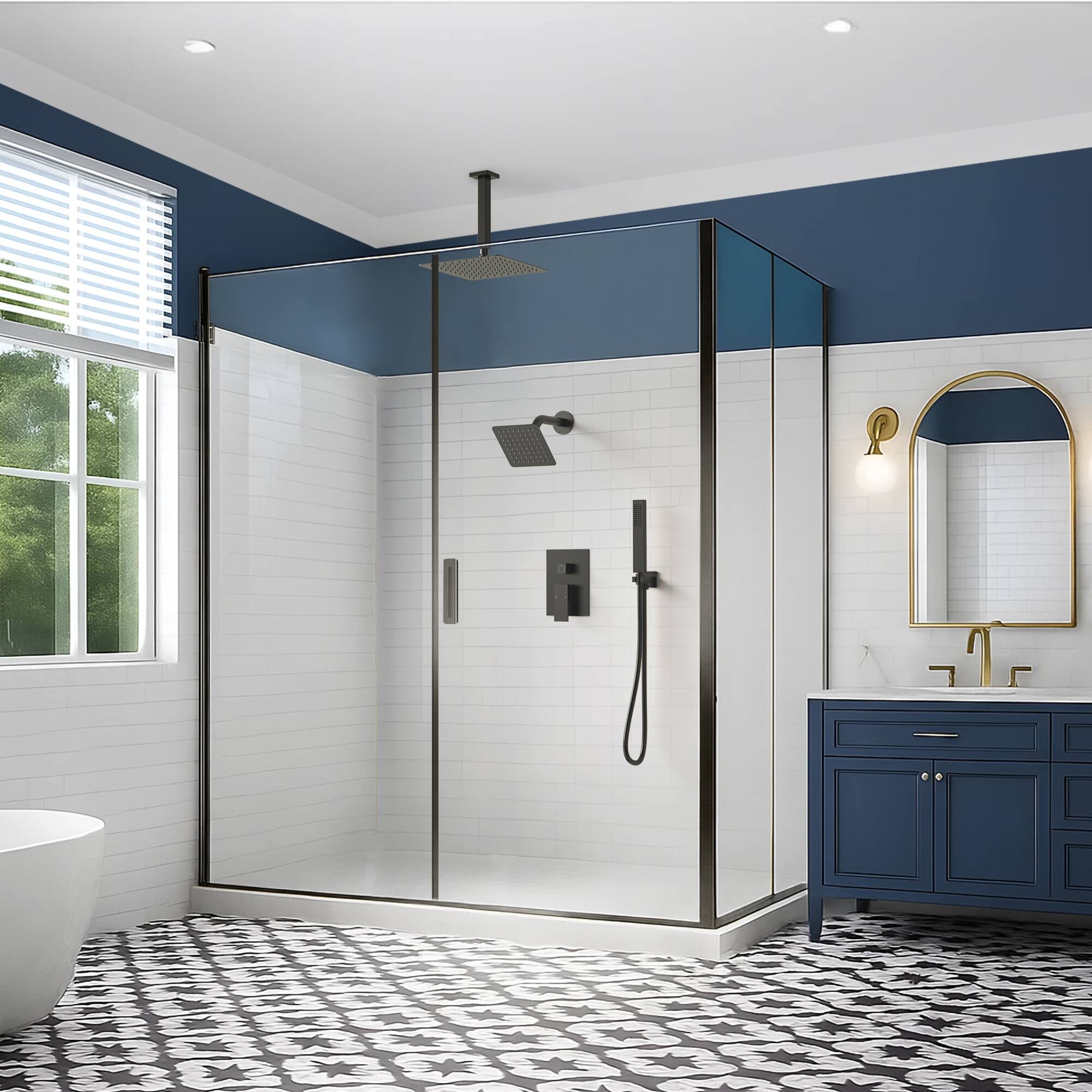 Left. GRANDJOY - Dual Shower System with 10" Ceiling Rain Head, Handheld Sprayer, and Pressure Balance Valve for Modern Bathroom - Matte Black.