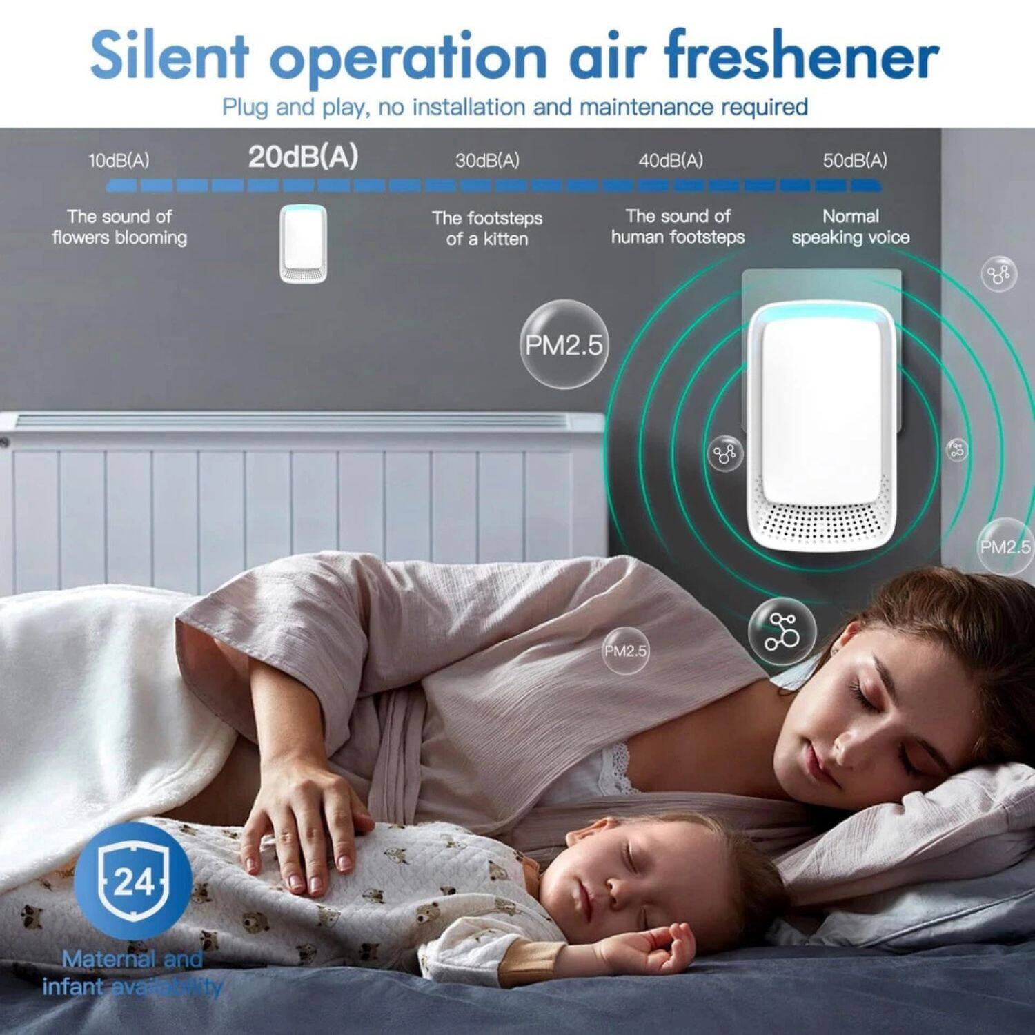 Silent operation air freshener  
Plug and play, no installation and maintenance required  

10dB(A) - The sound of flowers blooming  
20dB(A) - The footsteps of a kitten  
30dB(A) - The sound of human footsteps  
40dB(A) - Normal speaking voice  

PM2.5  

24 Maternal and infant availability