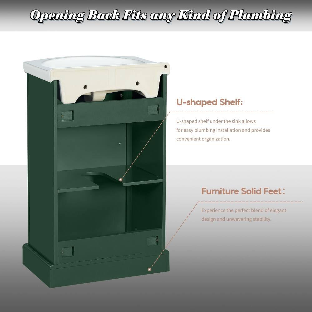 Opening Back Fits any Kind of Plumbing

U-shaped Shelf:
U-shaped shelf under the sink allows for easy plumbing installation and provides convenient organization.

Furniture Solid Feet:
Experience the perfect blend of elegant design and unwavering stability.