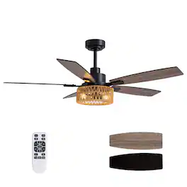 Siljoy - 52-in Boho Rattan Ceiling Fan with Light and Remote Control Include(Bulb not include) - Black