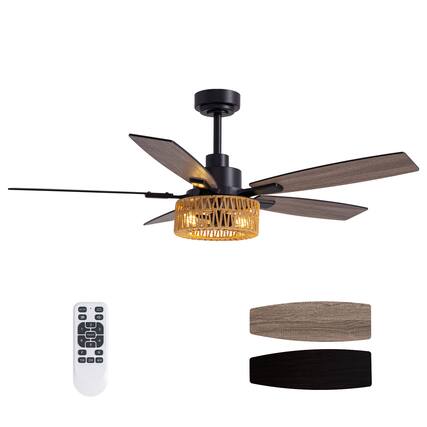 Front. Siljoy - 52-in Boho Black Rattan Ceiling Fan with Light and Remote Control Include(Bulb not include) - Black.