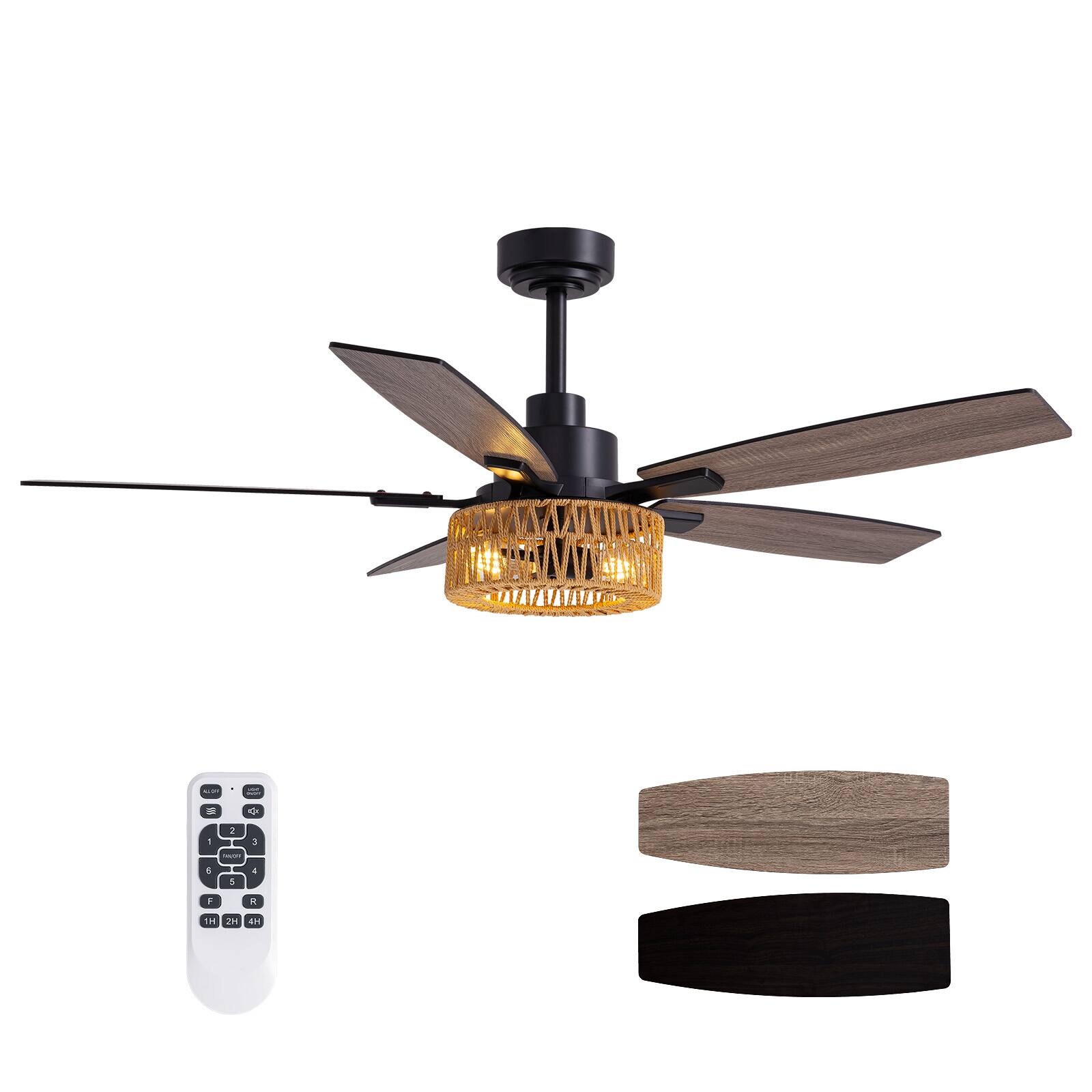 Front. Siljoy - 52-in Boho Black Rattan Ceiling Fan with Light and Remote Control Include(Bulb not include) - Black.