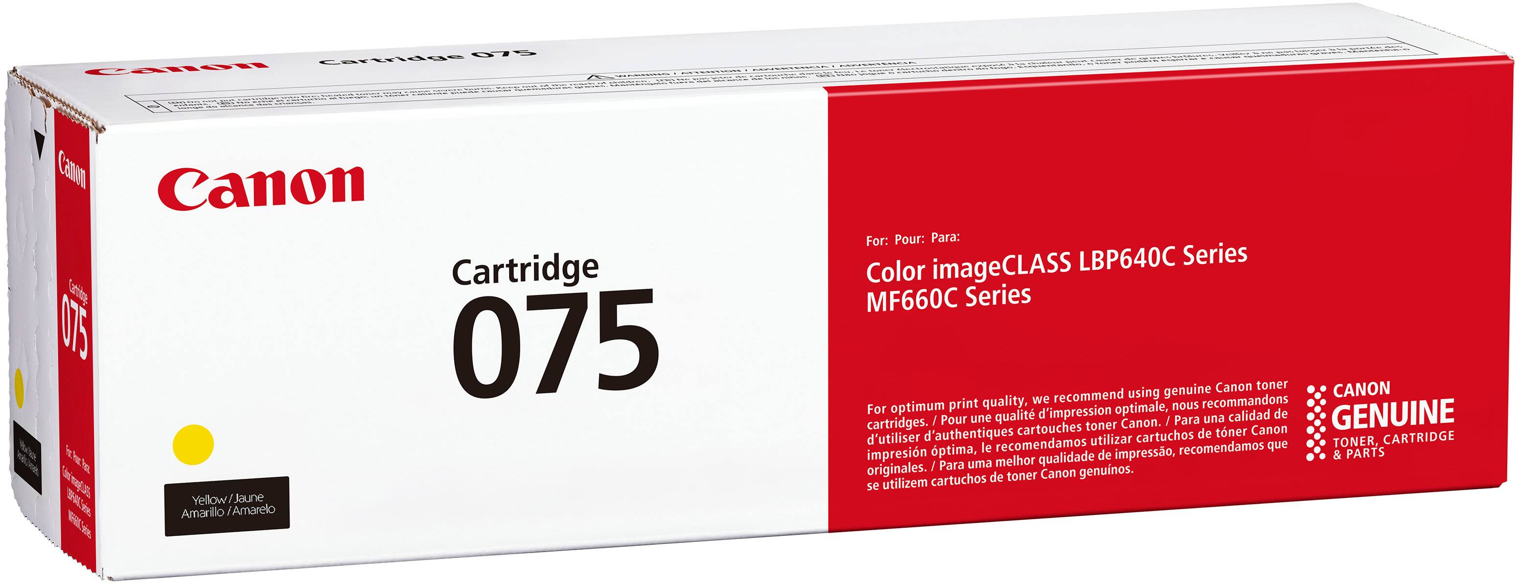 Canon  
Cartridge 075  

Yellow/Jaune  
Amarillo/Amarelo  

For: Pour: Para:  
Color imageCLASS LBP640C Series  
MF660C Series  

For optimum print quality, we recommend using genuine Canon toner cartridges.  
Pour une qualité d'impression optimale, nous recommandons d'utiliser les cartouches toner Canon authentiques.  
Para una calidad de impresión óptima, se recomienda utilizar cartuchos de toner Canon originales.  

CANON  
GENUINE  
TONER & CARTRIDGE  
& PARTS