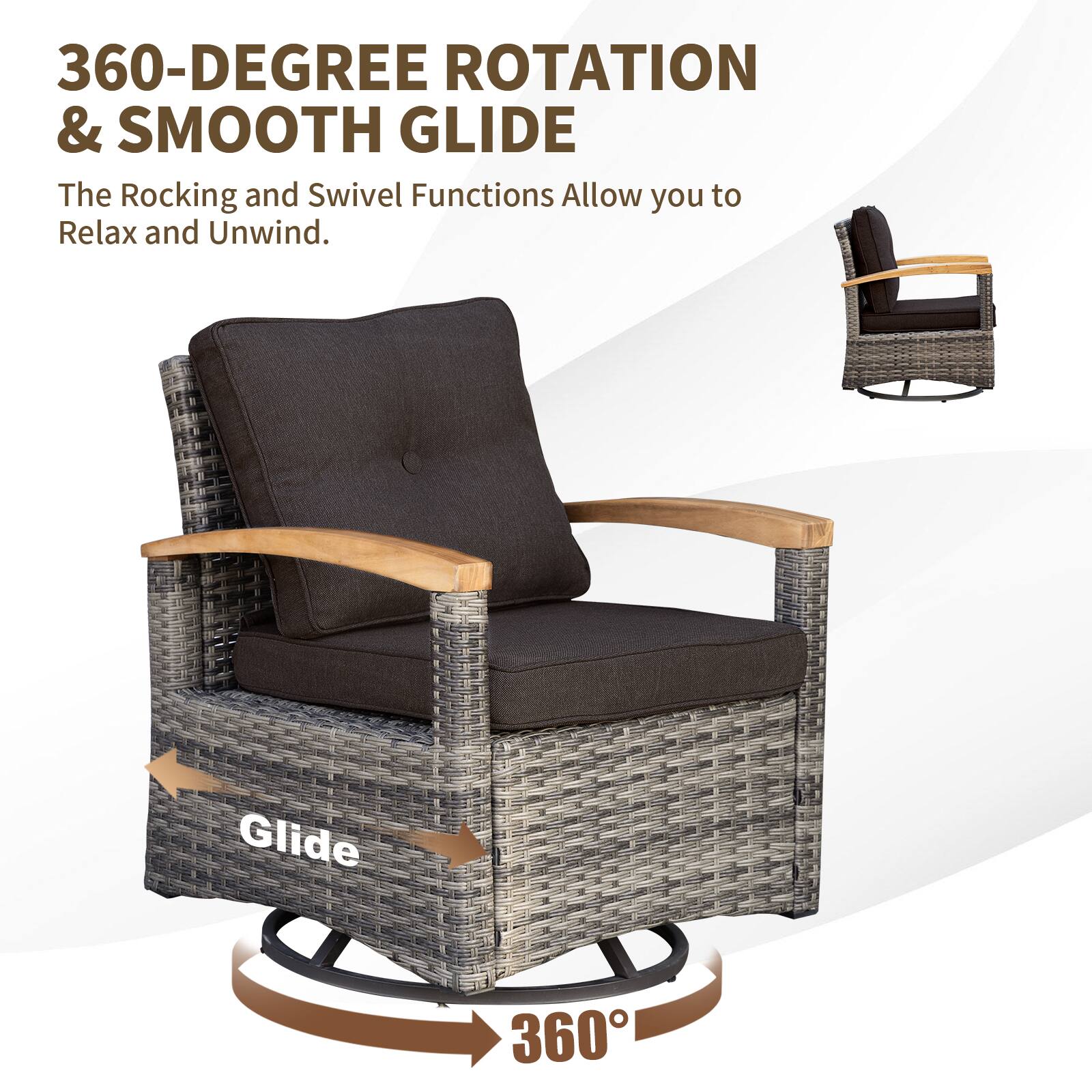360-DEGREE ROTATION & SMOOTH GLIDE  
The Rocking and Swivel Functions Allow you to Relax and Unwind.  
Glide  
360°