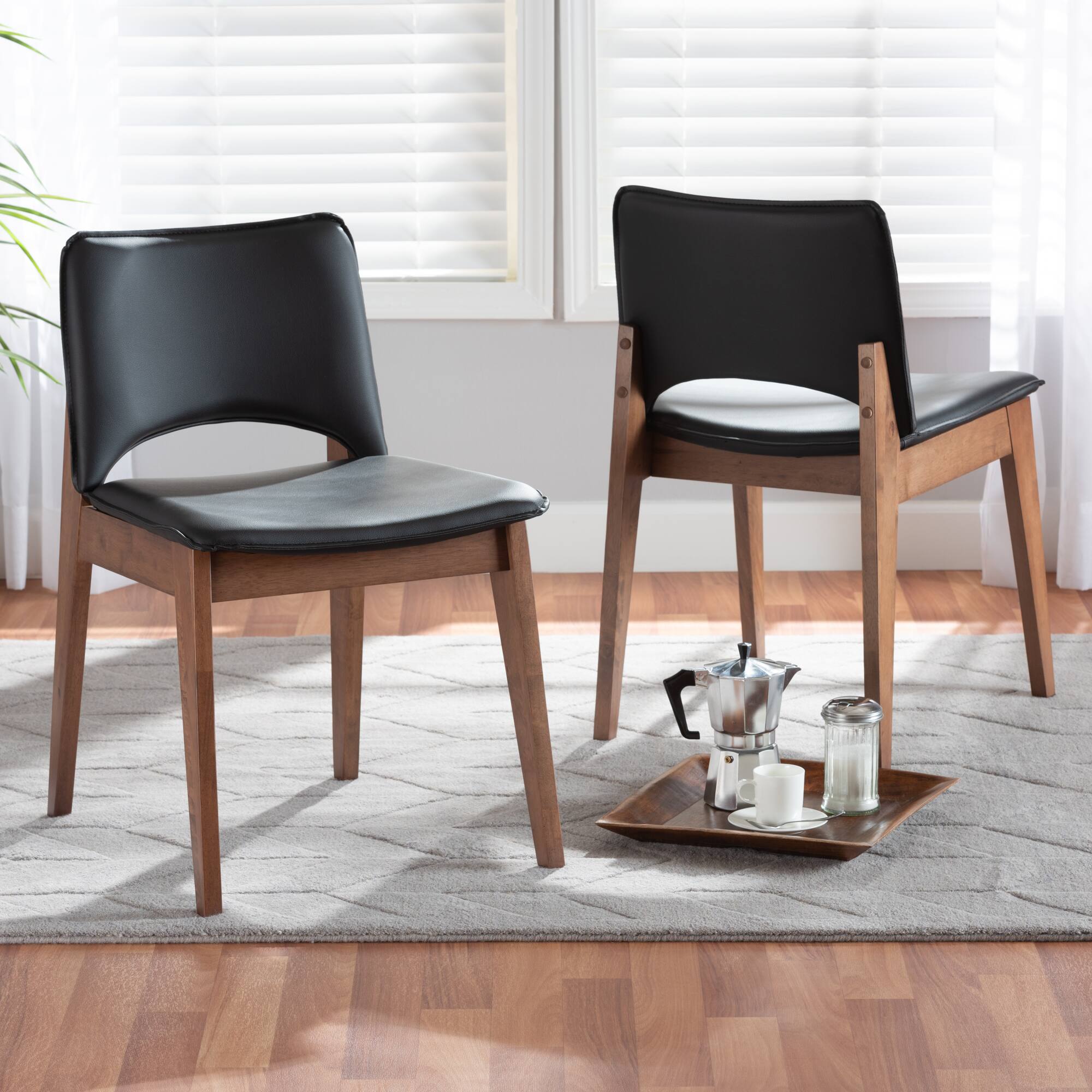 Alt View 2. Baxton Studio - Afton Mid Century Faux Leather Upholstered and Finished Wood 2-Piece Dining Chair Set - Black/Walnut Brown.