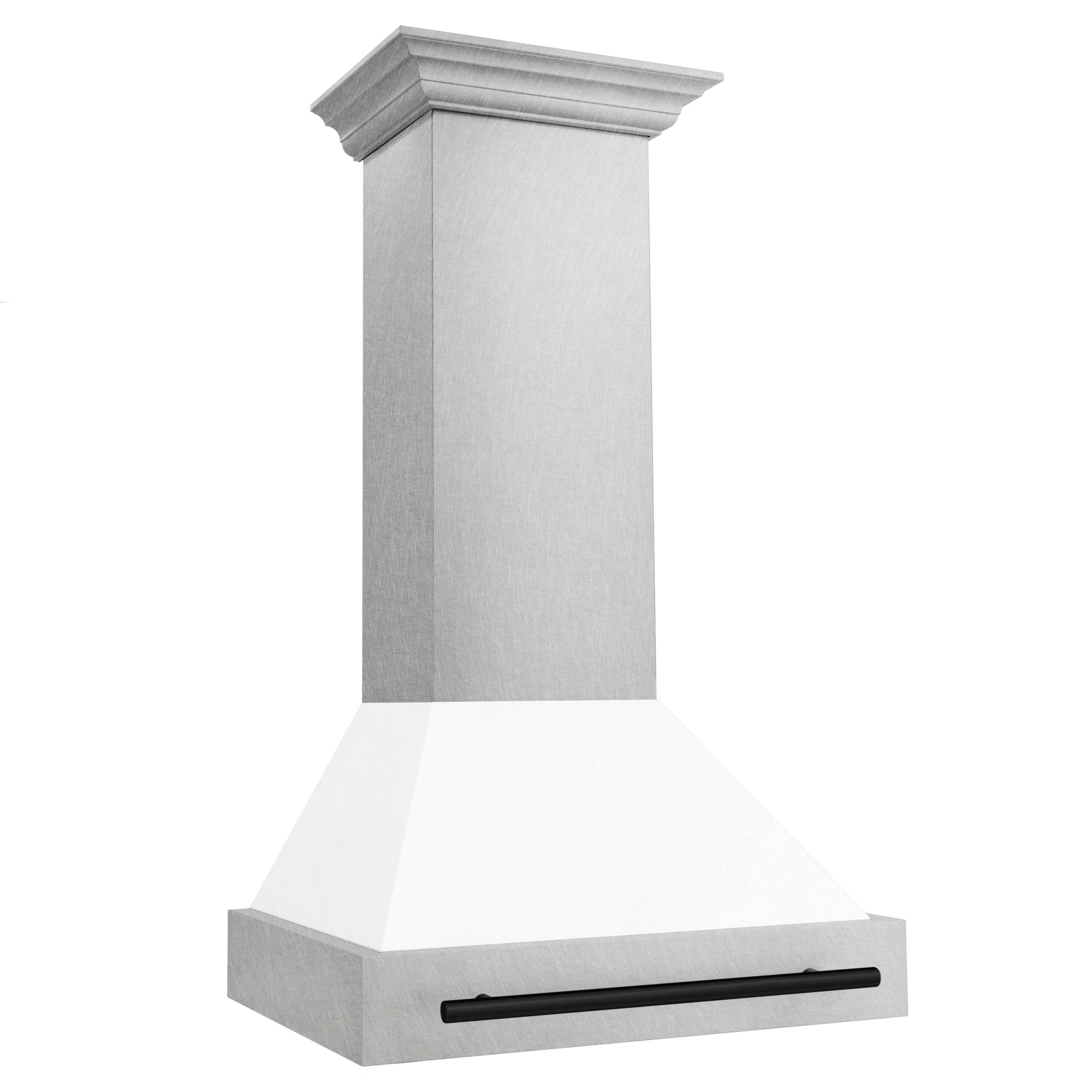 Angle. ZLINE - ZLINE Autograph Edition 30 in. Satin Stainless Steel Wall Mount Range Hood with White Matte Shell and Matte Black Handle - Satin Stainless Steel with White Matte Shell.