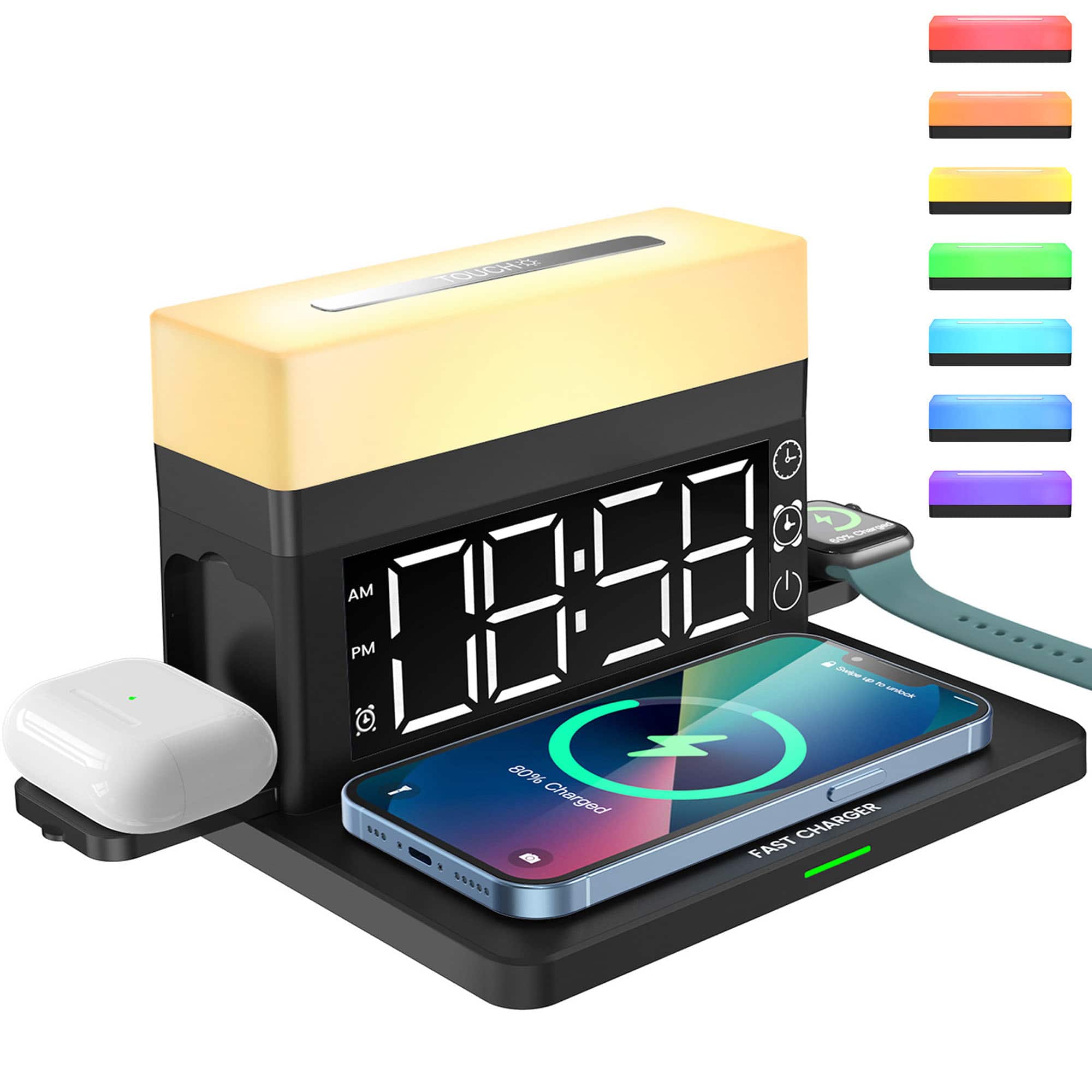 YONWAY - Wireless Charger with Clock, Alarm, Wireless Charging and Colorful Ambient Light for iPhone, Apple Watch, Airpods