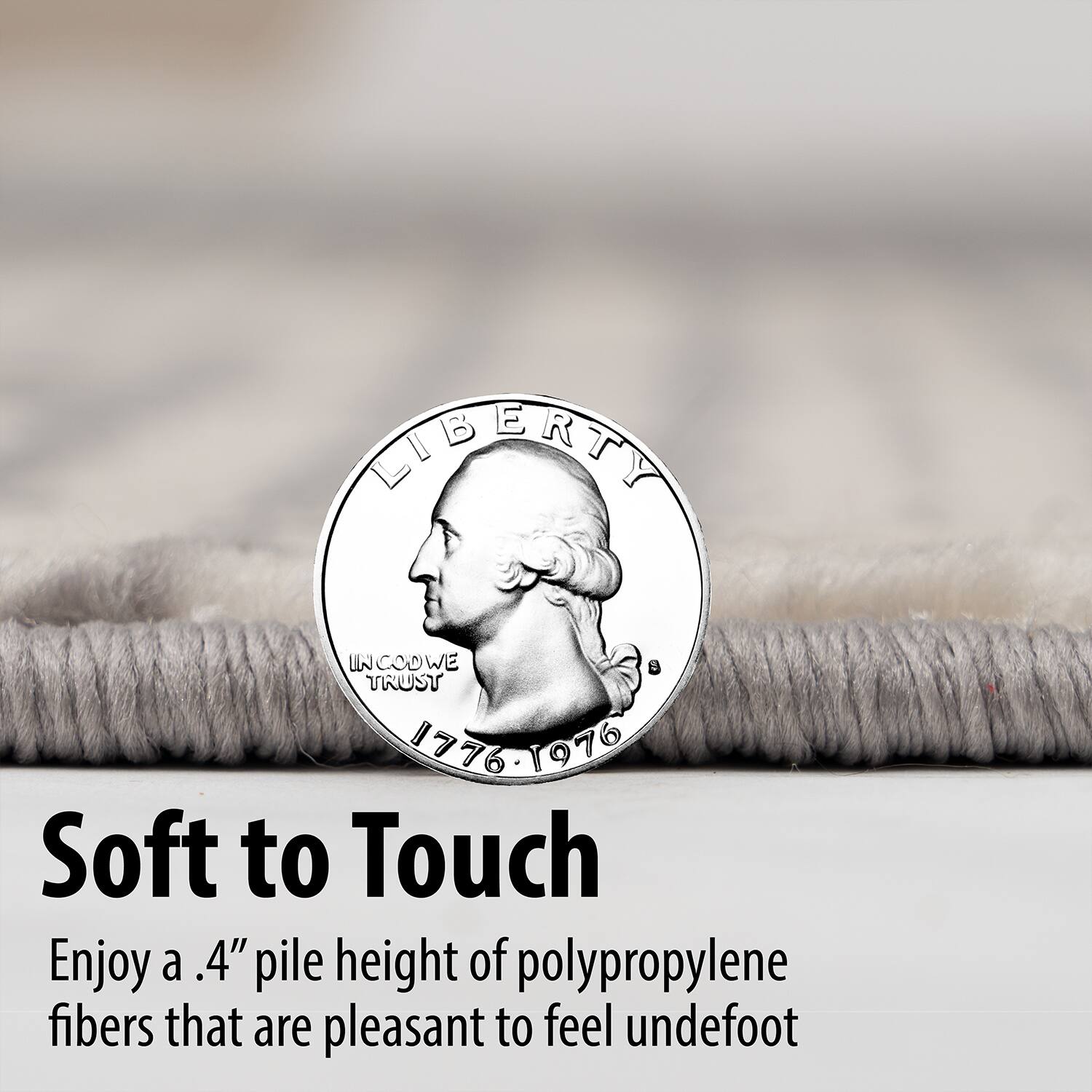 LIBERTY  
IN GOD WE TRUST  
1776 1976  

Soft to Touch  
Enjoy a .4" pile height of polypropylene fibers that are pleasant to feel underfoot