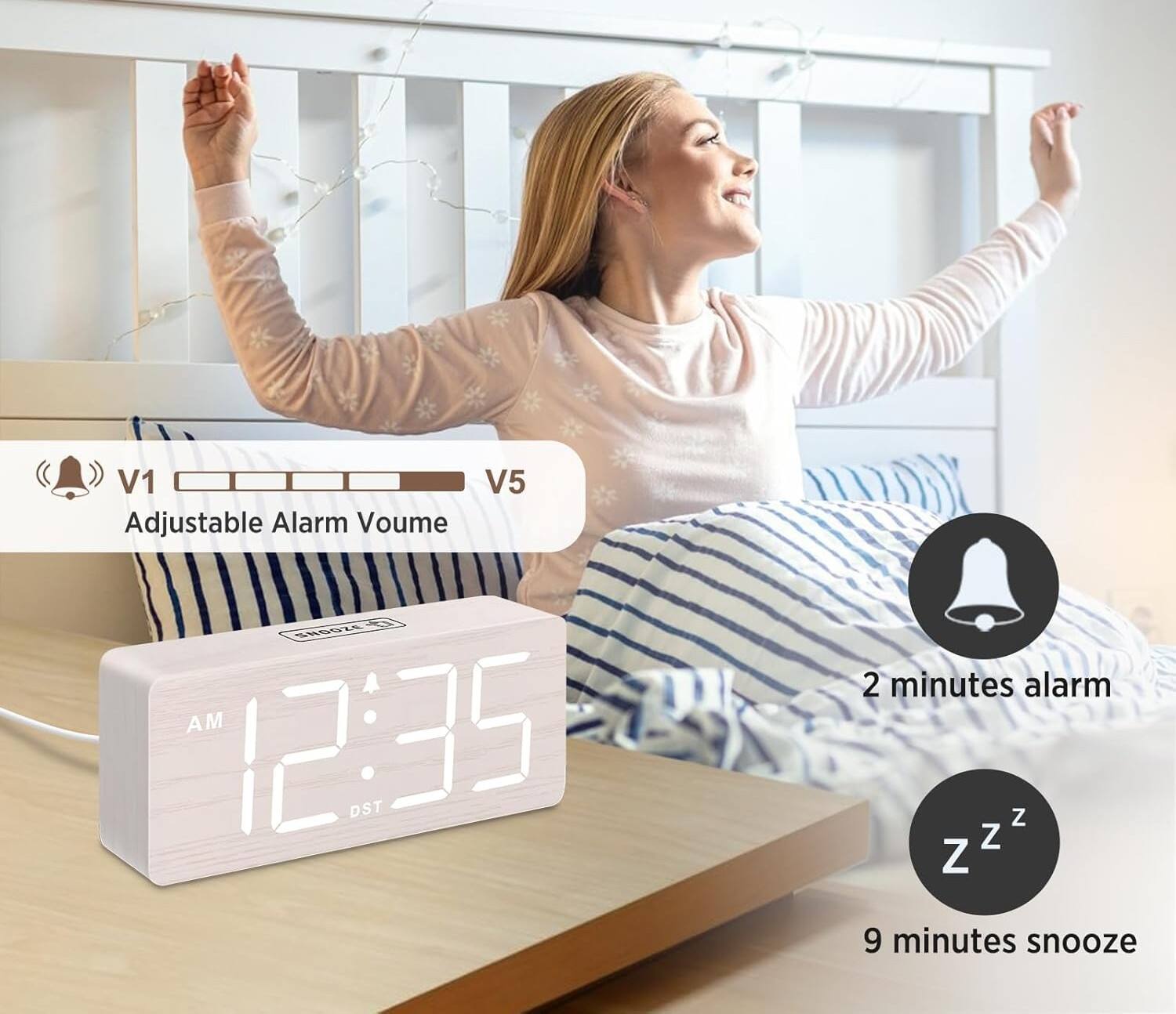 V1 V5 Adjustable Alarm Volume  
5850ZE AM 12:35 DST  
2 minutes alarm  
9 minutes snooze