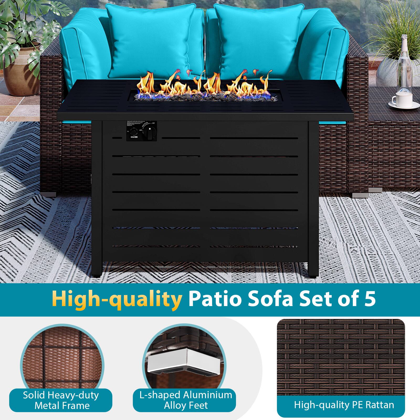 High-quality Patio Sofa Set of 5

- Solid Heavy-duty Metal Frame
- L-shaped Aluminium Alloy Feet
- High-quality PE Rattan