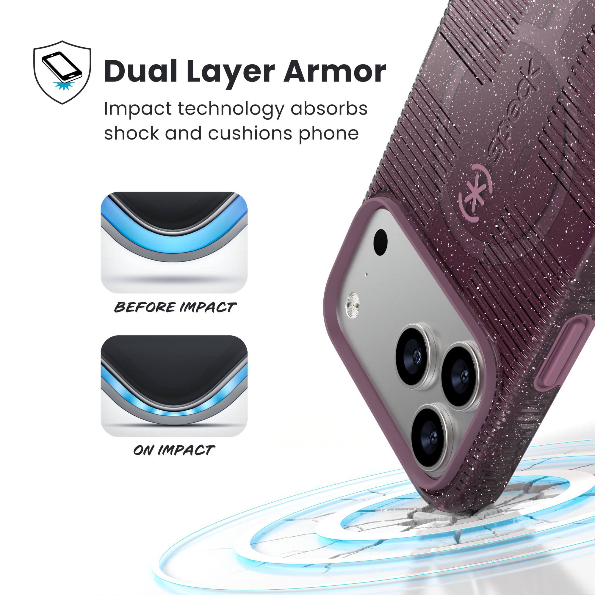 Dual Layer Armor  
Impact technology absorbs shock and cushions phone  

BEFORE IMPACT  
ON IMPACT