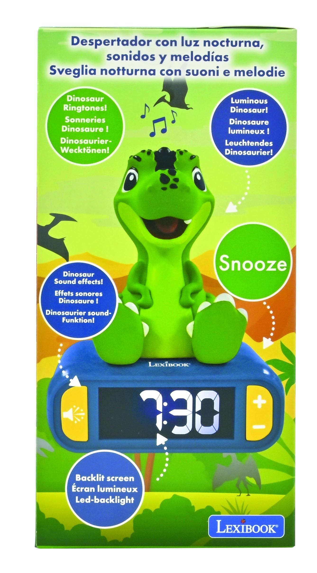 Despertador con luz nocturna, sonidos y melodías  
Sveglia notturna con suoni e melodie  

Dinosaur Ringtones!  
Sonneries Dinosaure !  
Dinosaurier- Wecktnen!  
Luminous Dinosaur!  
Dinosaure lumineux!  
Leuchtendes Dinosaurier!  
Dinosaur Sound effects!  
Effets sonores Dinosaure!  
Dinosaurier sound- Funktion!  

Snooze  

Backlit screen  
Écran lumineux  
Led-backlight  

LEXIBOOK 230 +