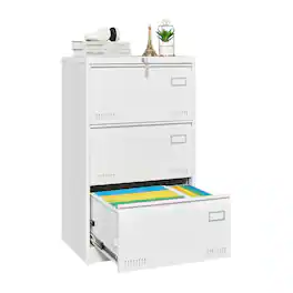 HTUTWOO - Lateral File Cabinet 3 Drawer - Locking Metal File Cabinets Three Drawer with Lock Drawers for Home Office,Letter,A4,F4 - White