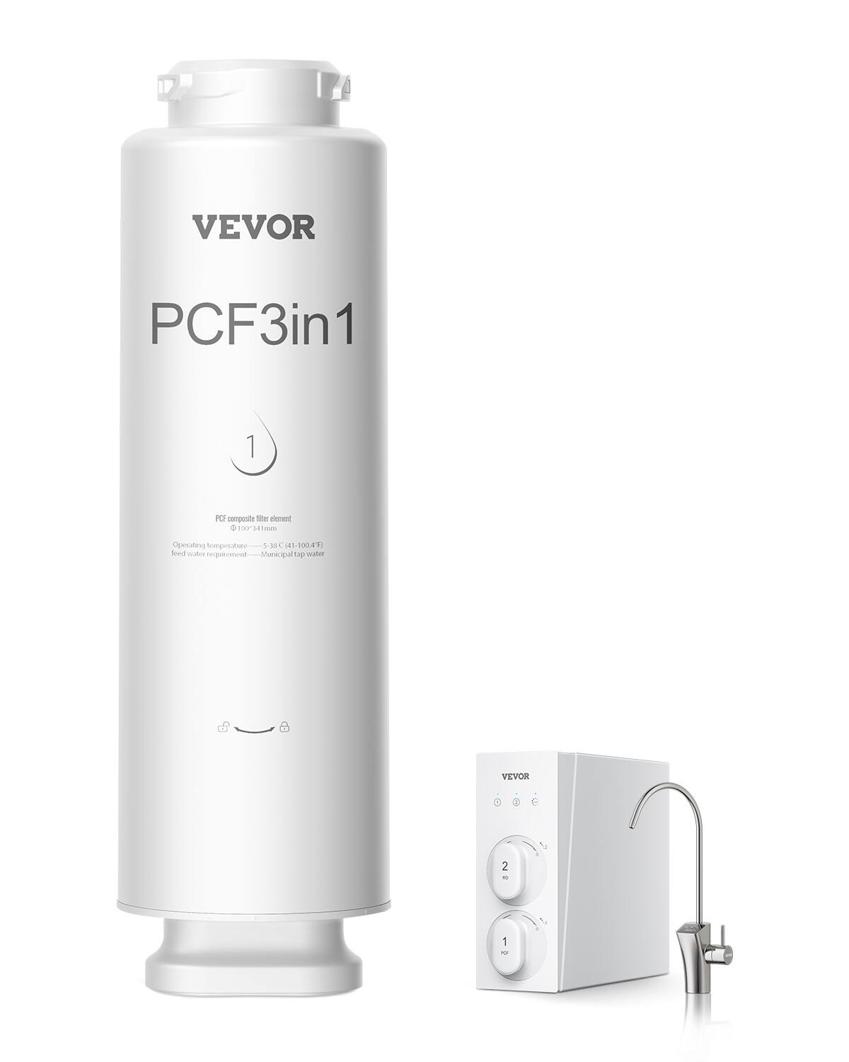 VEVOR  
PCF3in1  

PCF composite filter element  
100-341mm  

Operating temperature: -5°C (41-104°F)  
Need water requirement: Municipal tap water  

VEVOR  
2  
RO  
1  
PCF