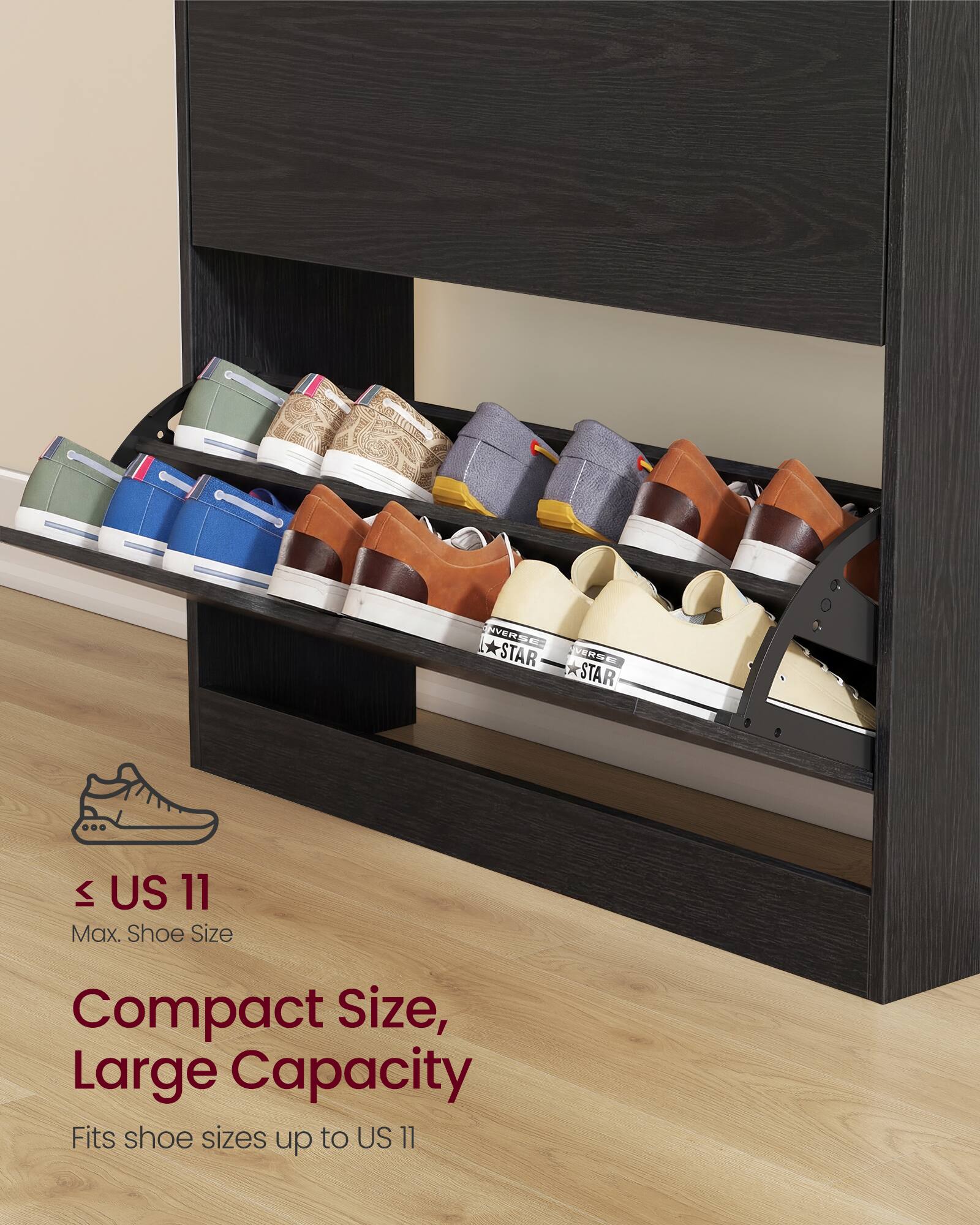 IVERSE STAR  
US 11  
Max. Shoe Size  
Compact Size, Large Capacity  
Fits shoe sizes up to US 11