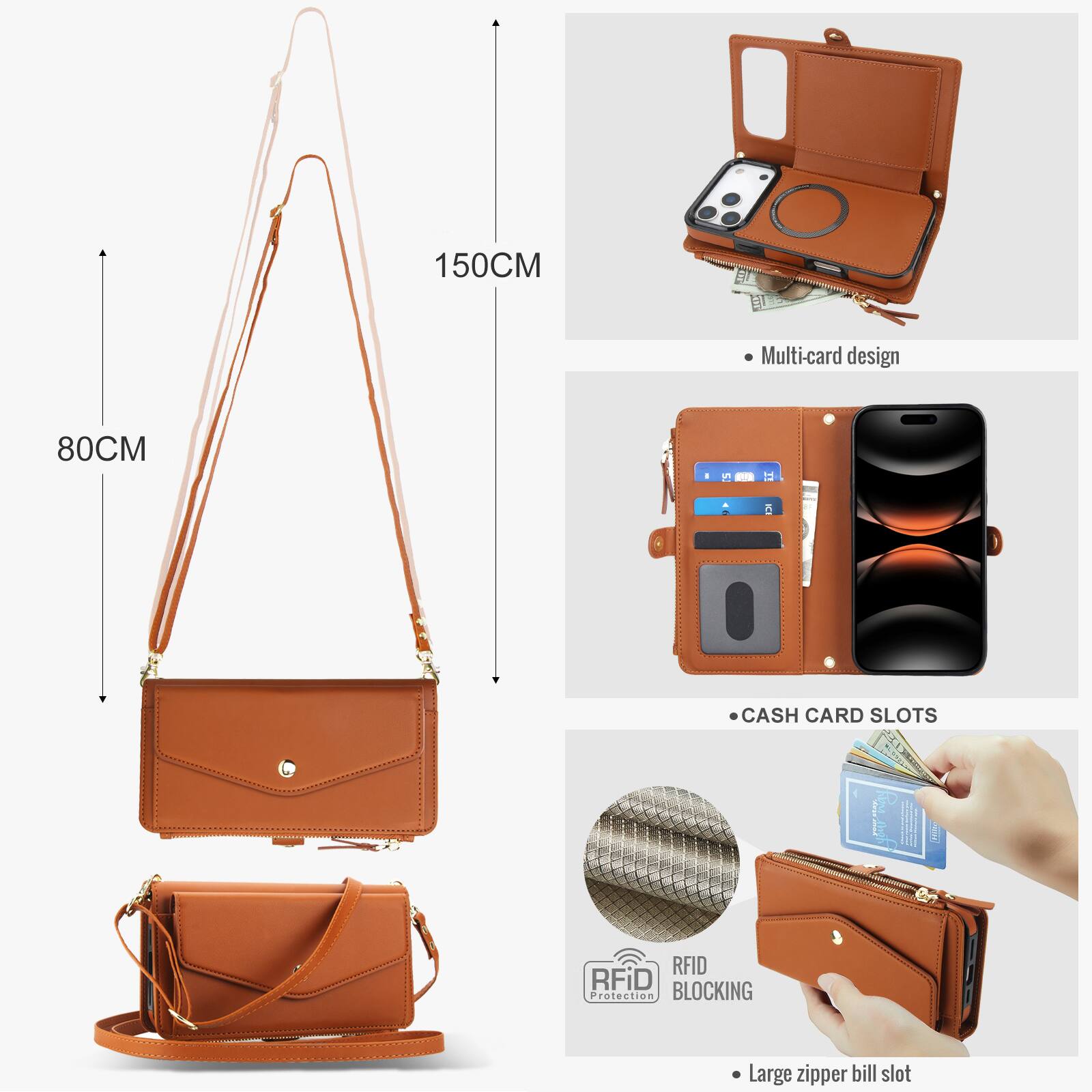 150CM Multi-card design 80CM

- A CASH CARD SLOTS
- RFID RFiD Protection BLOCKING
- Large zipper bill slot