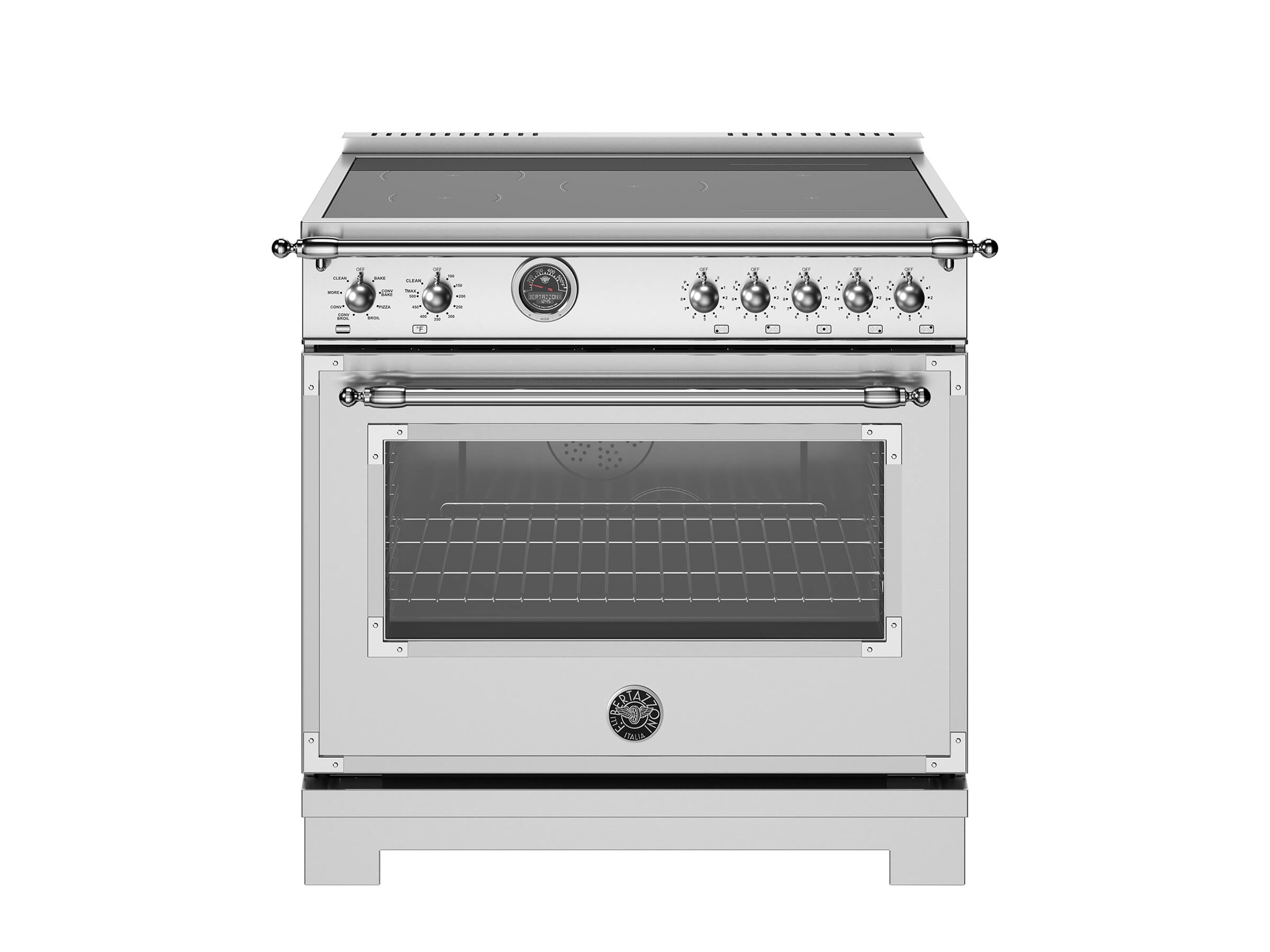 Front. Bertazzoni - 36" Heritage Series range - Electric self clean oven - 5 induction zones - Stainless Steel.