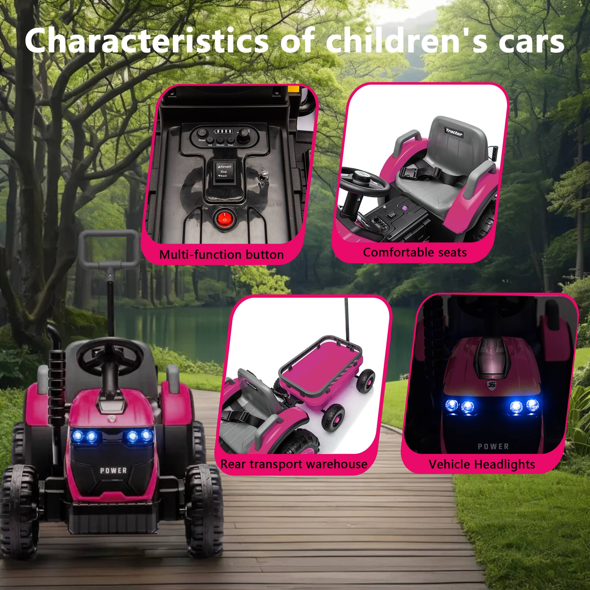 Characteristics of children's cars

- Multi-function button
- Comfortable seats
- Rear transport warehouse
- Vehicle Headlights