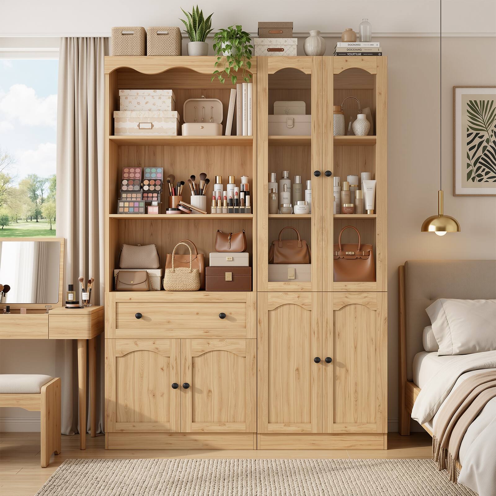 Alt View 3. Aheaplus - 80'' Tall Bookcase with Drawer and Glass Doors, 51.1'' Width Bookshelf with Adjustable Shelves, 2 Packs - Nature.