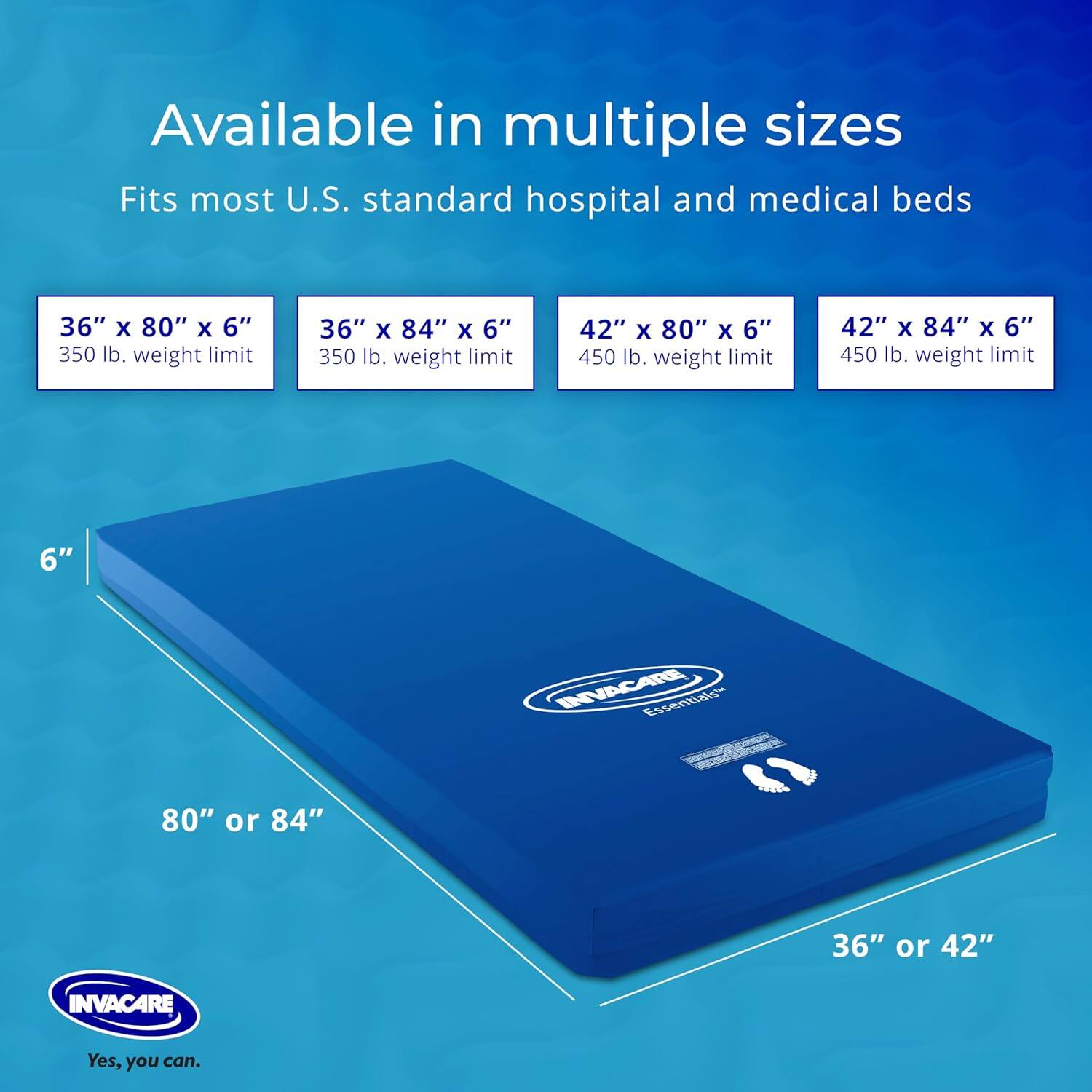Available in multiple sizes  
Fits most U.S. standard hospital and medical beds  

36" x 80" x 6"  
350 lb. weight limit  

36" x 84" x 6"  
350 lb. weight limit  

42" x 80" x 6"  
450 lb. weight limit  

42" x 84" x 6"  
450 lb. weight limit  

6"  
80" or 84"  
36" or 42"  

INVACARE Essentials  
Yes, you can.