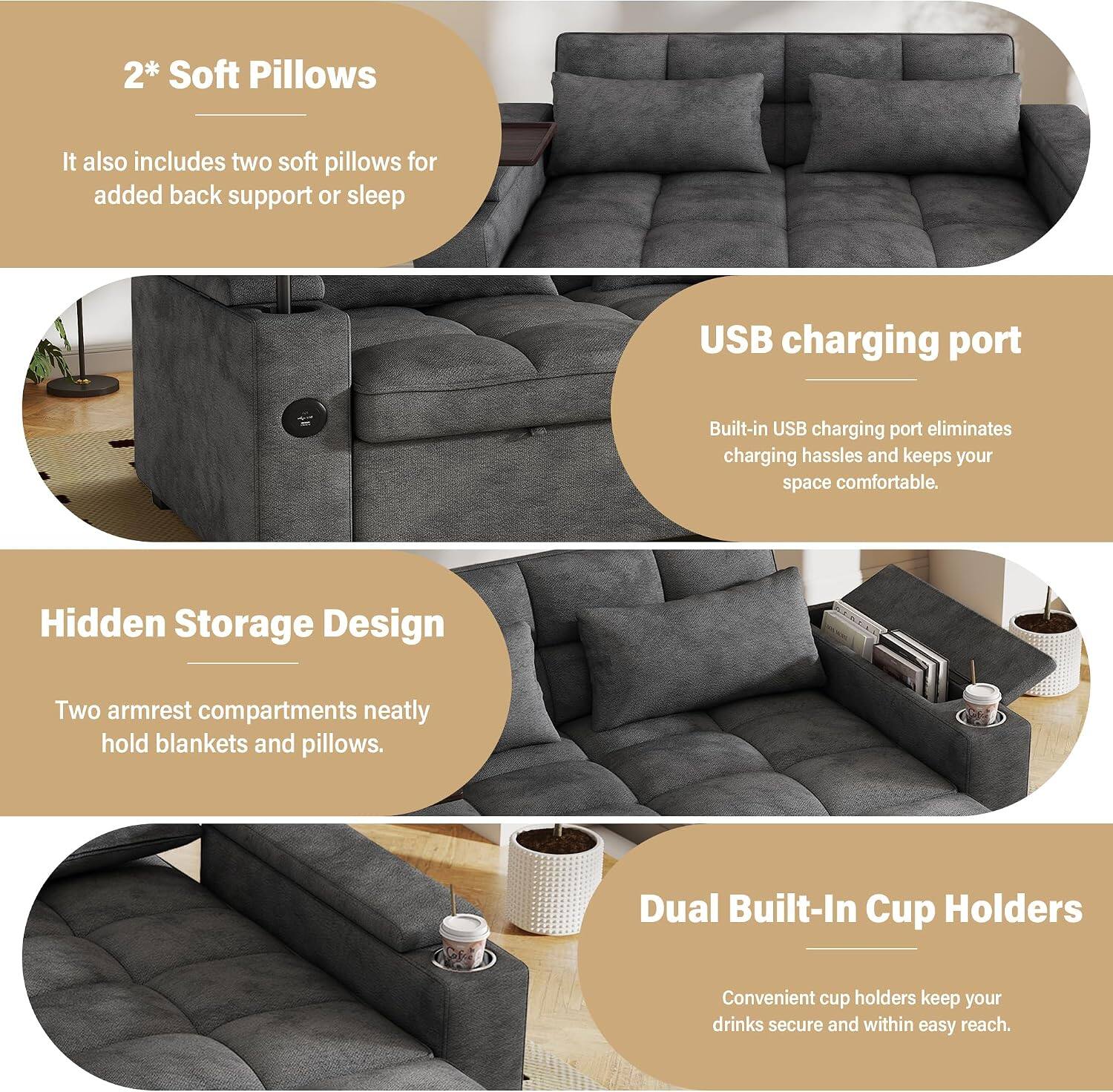 2* Soft Pillows  
It also includes two soft pillows for added back support or sleep  

USB charging port  
Built-in USB charging port eliminates charging hassles and keeps your space comfortable.  

Hidden Storage Design  
Two armrest compartments neatly hold blankets and pillows.  

Dual Built-In Cup Holders  
Convenient cup holders keep your drinks secure and within easy reach.