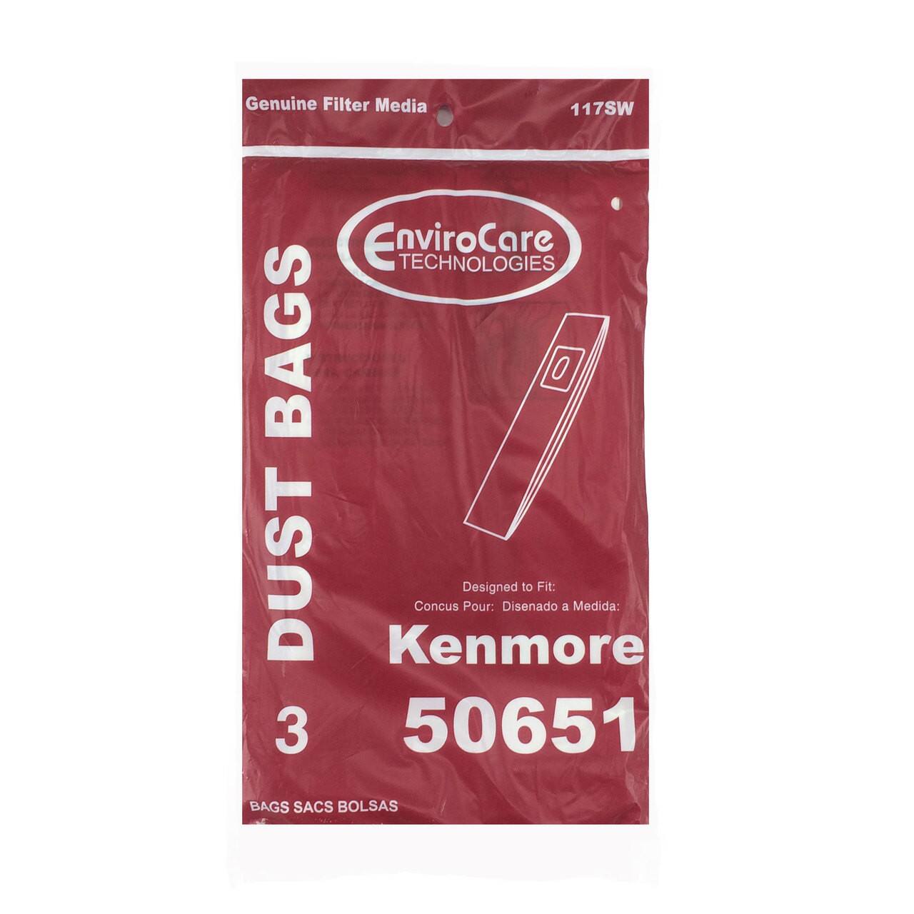 Genuine Filter Media  
117SW  
EnviroCare TECHNOLOGIES  
DUST BAGS  

Designed to Fit:  
Kenmore 50651  

Conçu Pour:  
Diseñado a Medida:  

3 BAGS / SACS / BOLSAS