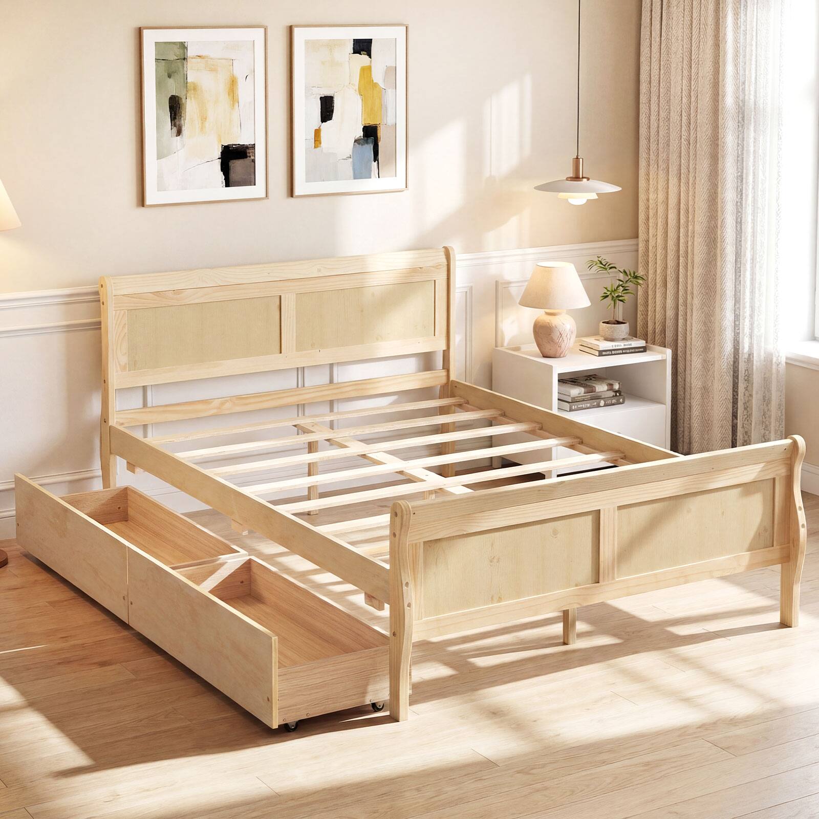 Alt View 5. Costway - Costway Full Size Bed Frame with Storage Drawers, Wood Platform Bed with Headboard Footboard - Natural.