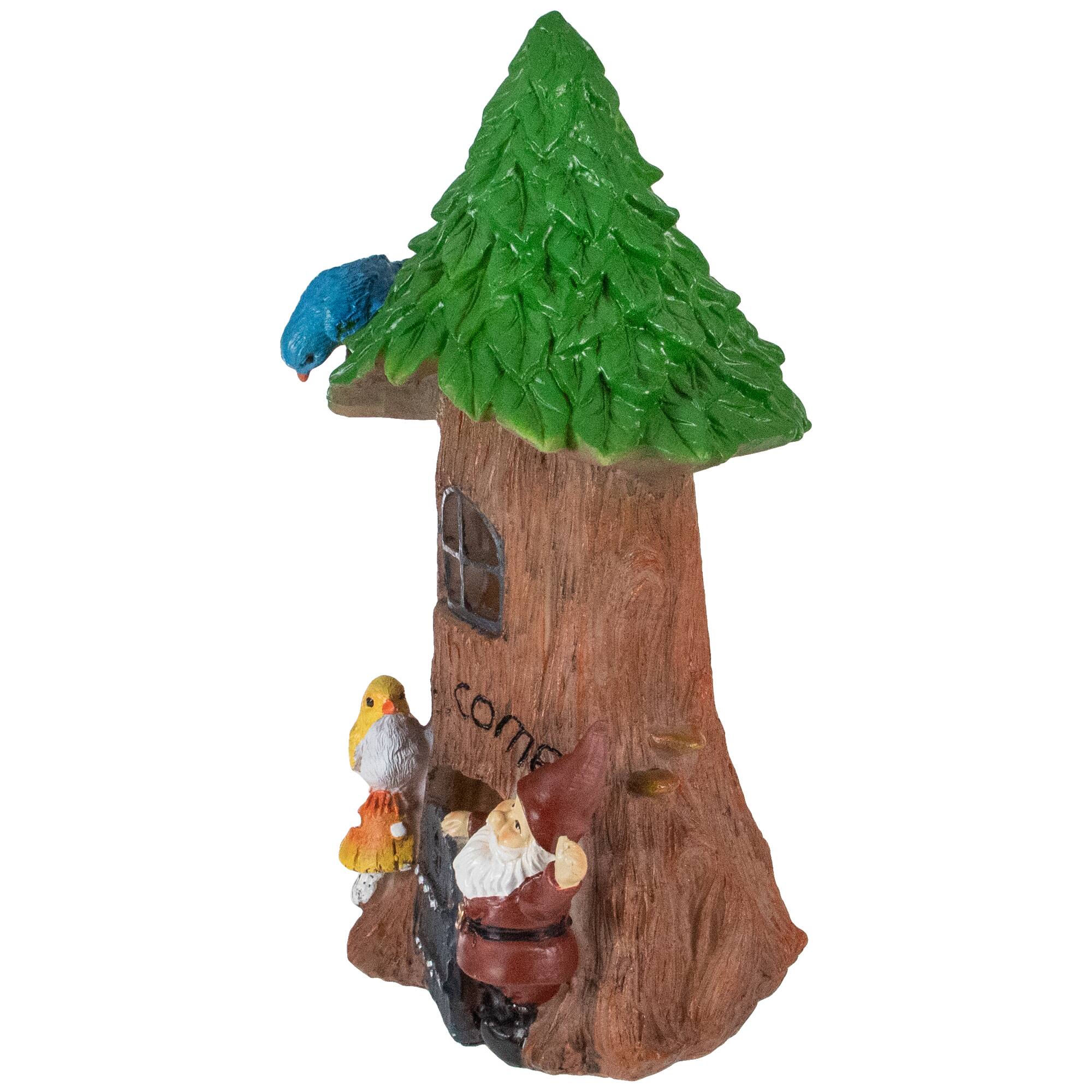 Alt View 2. Northlight - 14" Solar Lighted Welcome Gnome Tree House Outdoor Garden Statue - Brown.