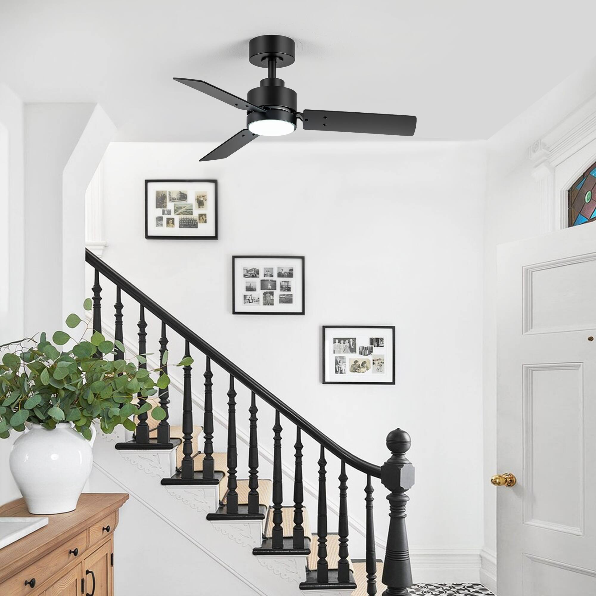 Back. Breezary - 36'' Ceiling Fan, 3-Color Light, 3 Dual-Finish Plywood Blades, DC Motor, 6-Speed Remote Control, 5-Inch Downrod - Matte Black and Dark Wood Grain + Light Wood Grain.