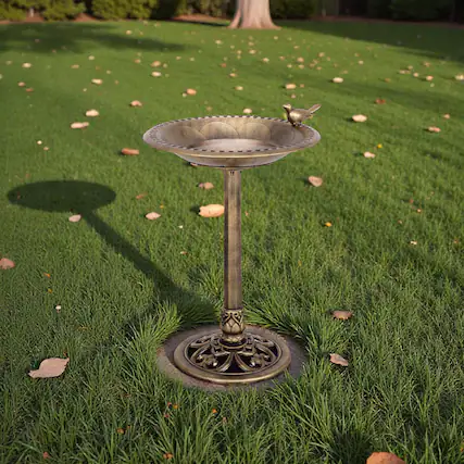 Front. BreeBe - Decorative Garden Bird Bath and Feeder – Weather-Resistant Pedestal Stand in Gold Tone - Golden.