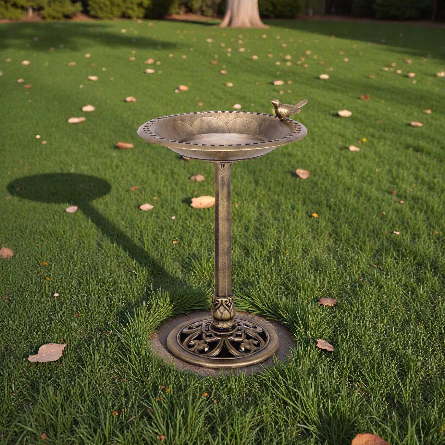 Front. BreeBe - Decorative Garden Bird Bath and Feeder – Weather-Resistant Pedestal Stand in Gold Tone - Golden.