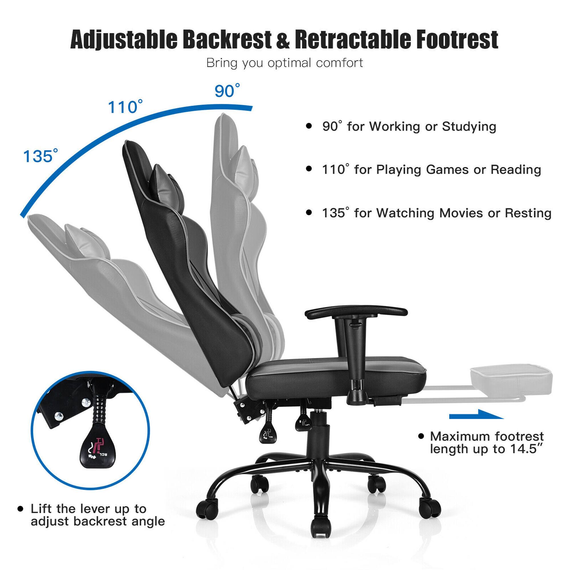 Adjustable Backrest & Retractable Footrest  
Bring you optimal comfort

- 90° for Working or Studying
- 110° for Playing Games or Reading
- 135° for Watching Movies or Resting

- Maximum footrest length up to 14.5"

- Lift the lever up to adjust backrest angle